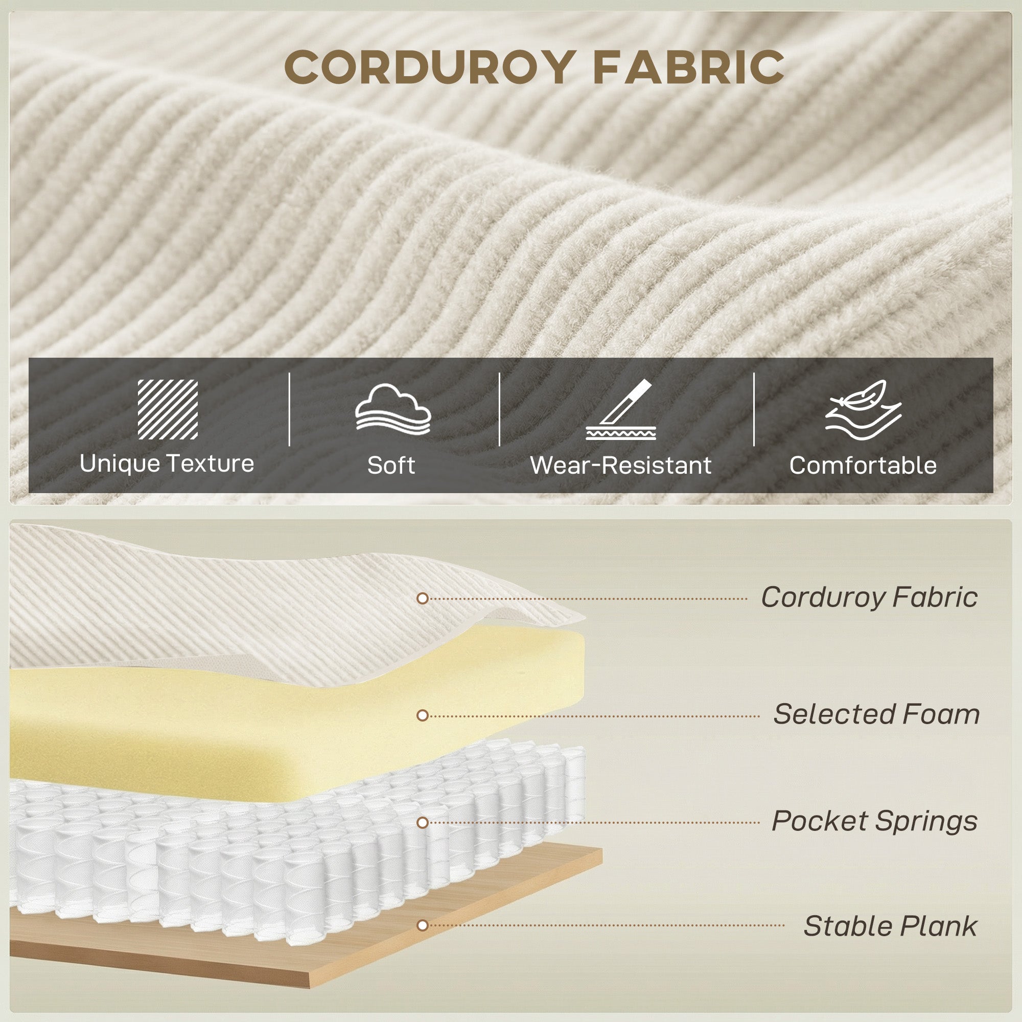 3 Seater Sofa - Beige Corduroy 86"-DECOROLALA