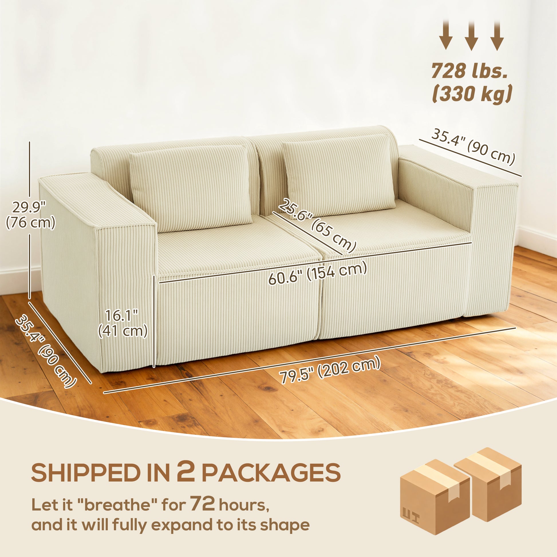 3 Seater Sofa Corduroy Beige Deep Seat-DECOROLALA