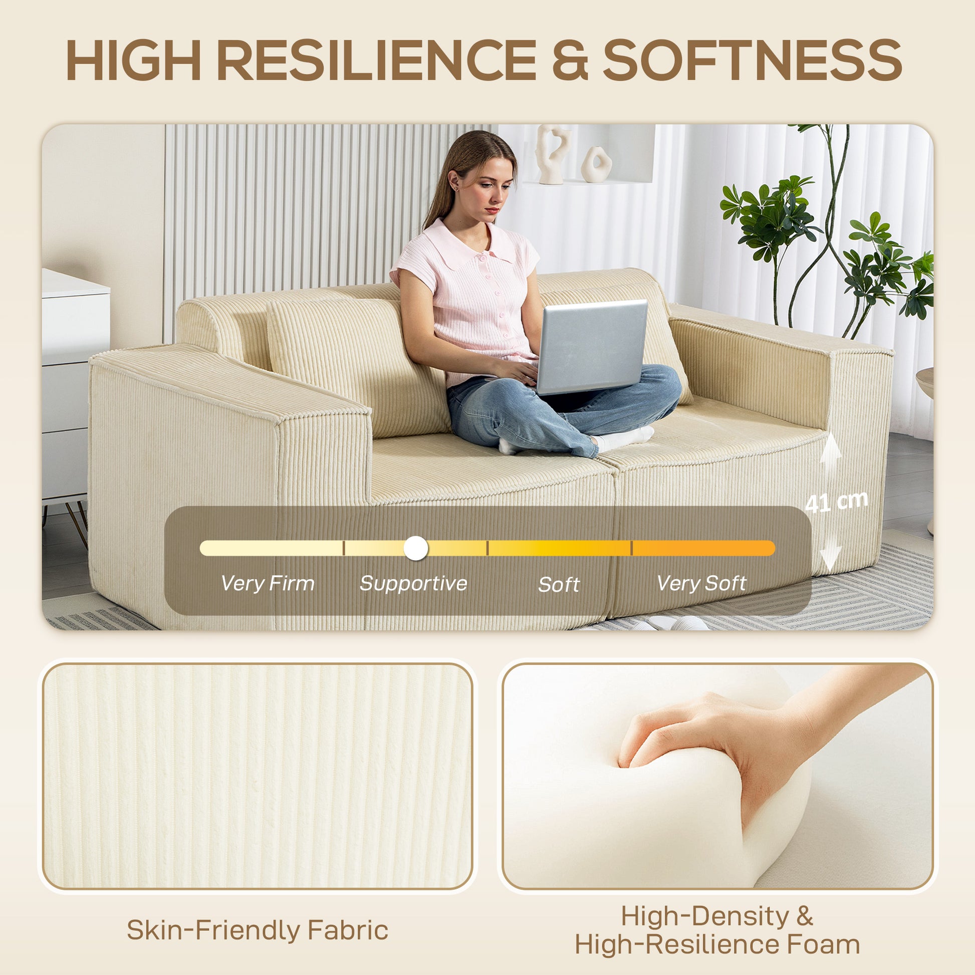 3 Seater Sofa Corduroy Beige Deep Seat-DECOROLALA