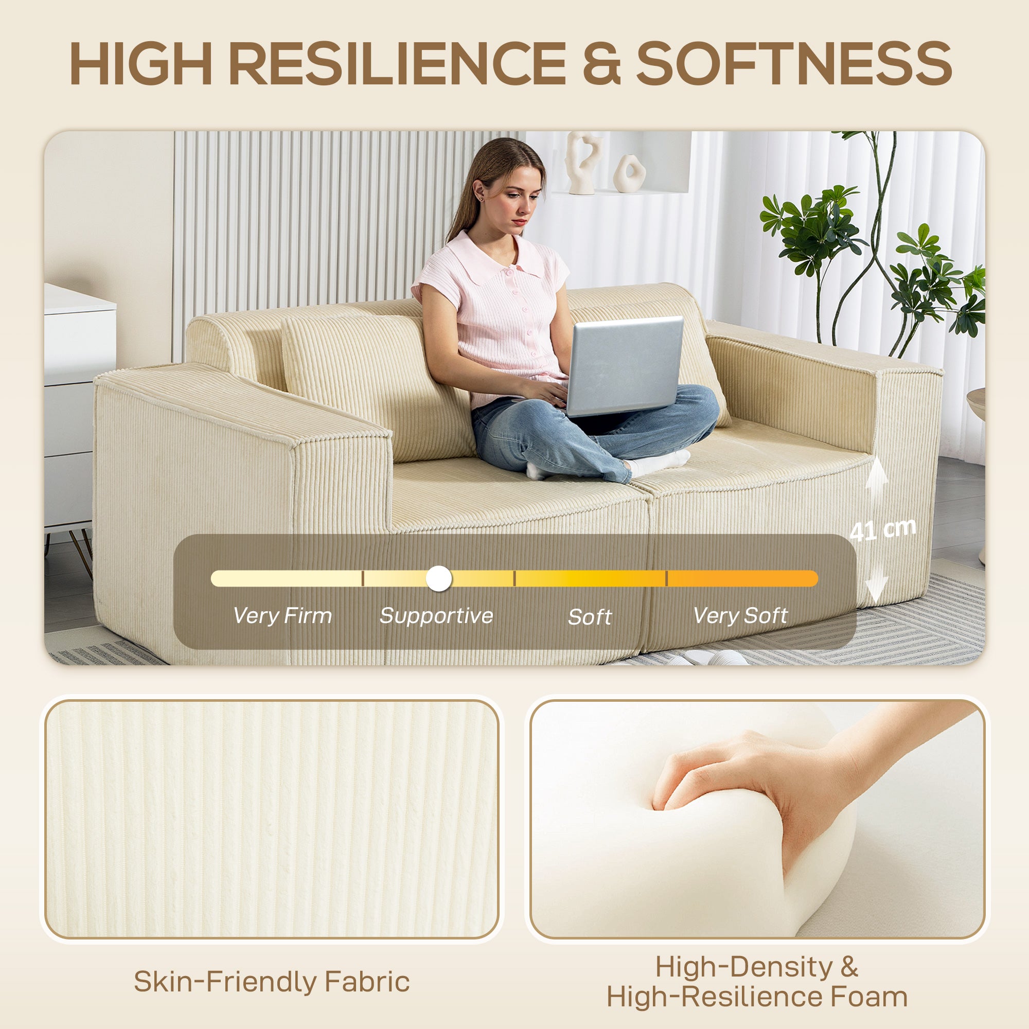 3 Seater Sofa Corduroy Beige Deep Seat-DECOROLALA