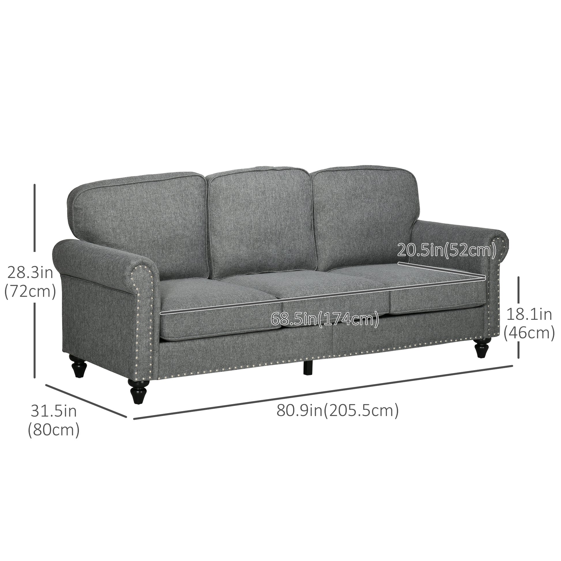 3-Seater Sofa Couch, 81" Grey Linen Fabric with Rubberwood Legs, Modern Design-DECOROLALA