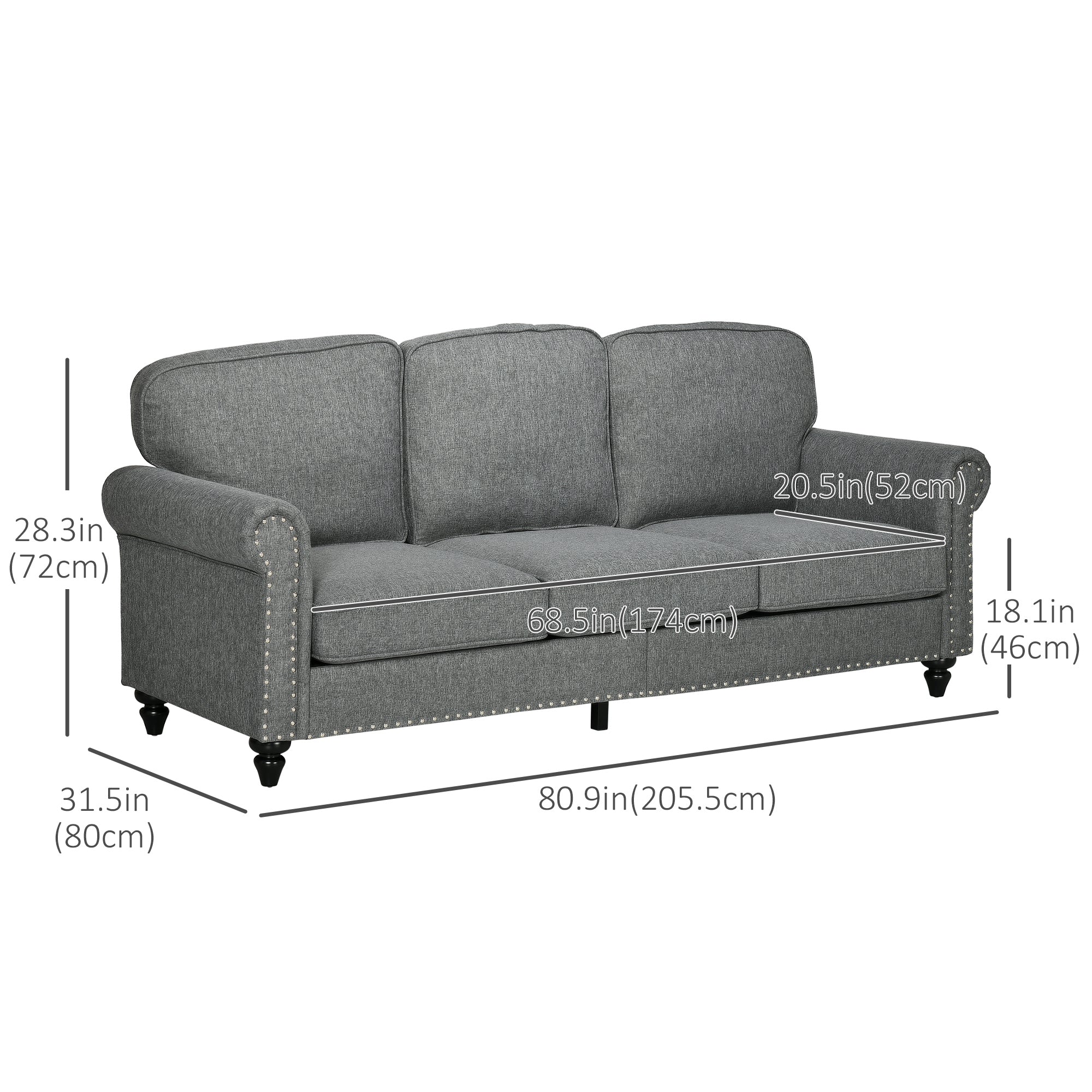 3-Seater Sofa Couch, 81" Grey Linen Fabric with Rubberwood Legs, Modern Design-DECOROLALA
