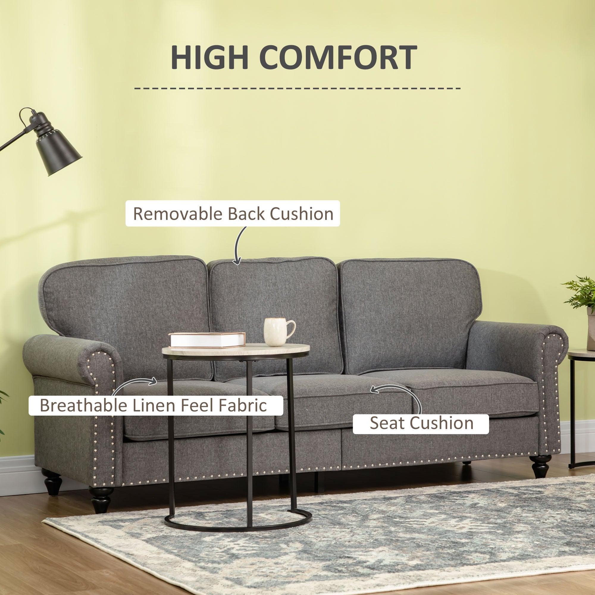 3-Seater Sofa Couch, 81" Grey Linen Fabric with Rubberwood Legs, Modern Design-DECOROLALA