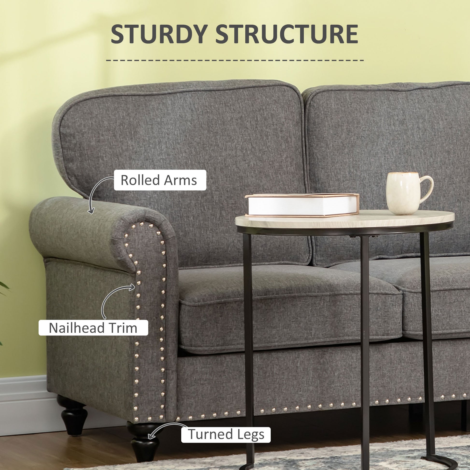 3-Seater Sofa Couch, 81" Grey Linen Fabric with Rubberwood Legs, Modern Design-DECOROLALA