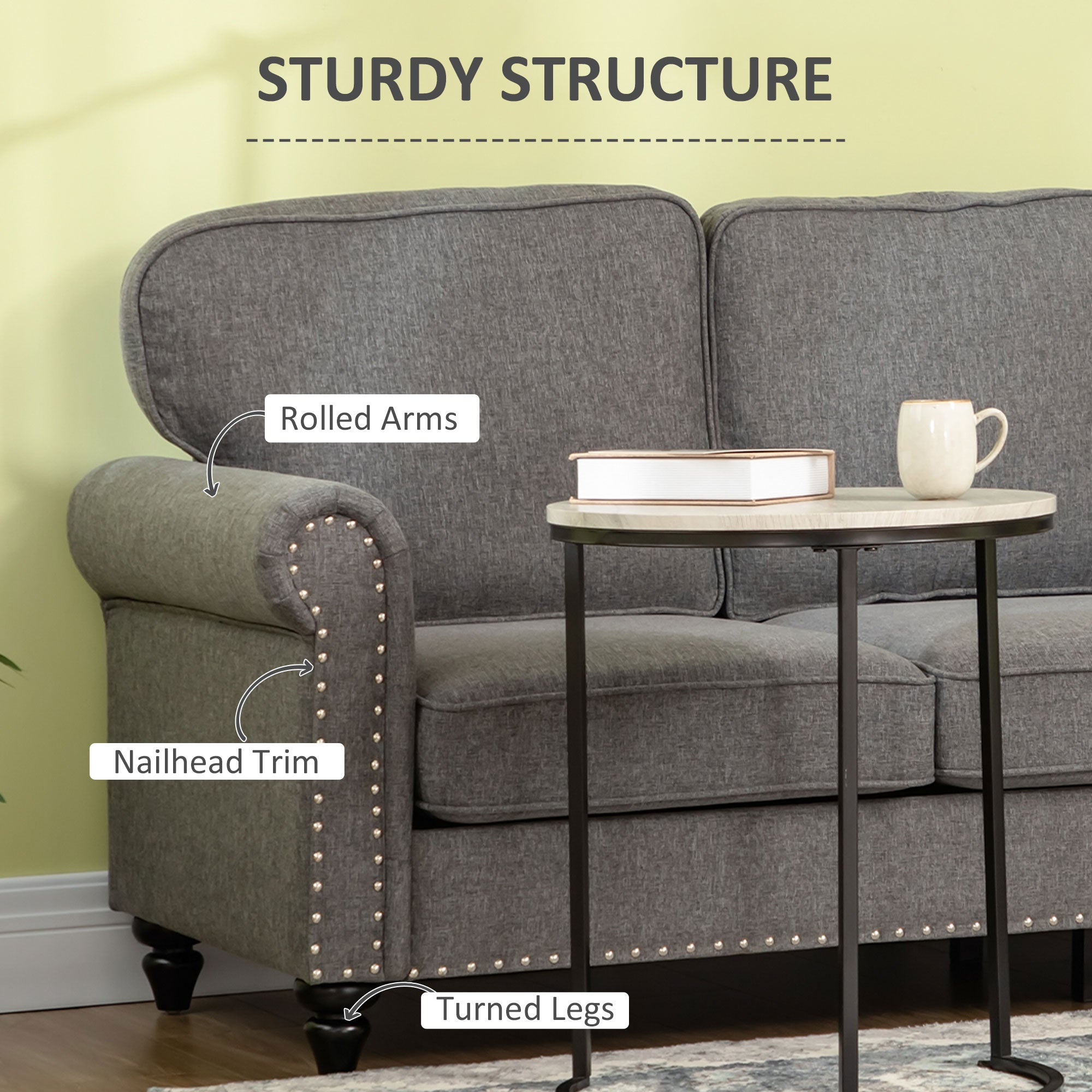 3-Seater Sofa Couch, 81" Grey Linen Fabric with Rubberwood Legs, Modern Design-DECOROLALA