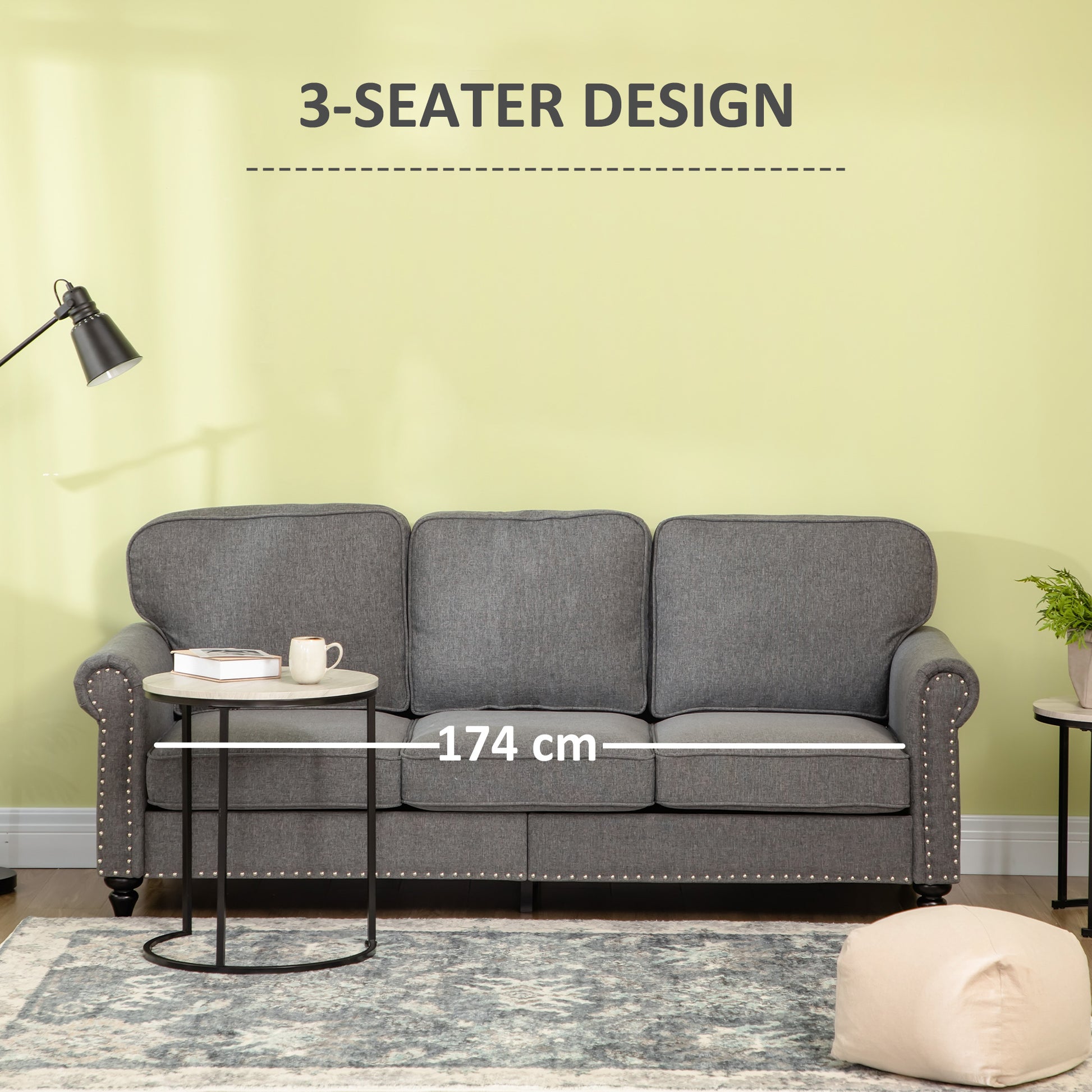 3-Seater Sofa Couch, 81" Grey Linen Fabric with Rubberwood Legs, Modern Design-DECOROLALA