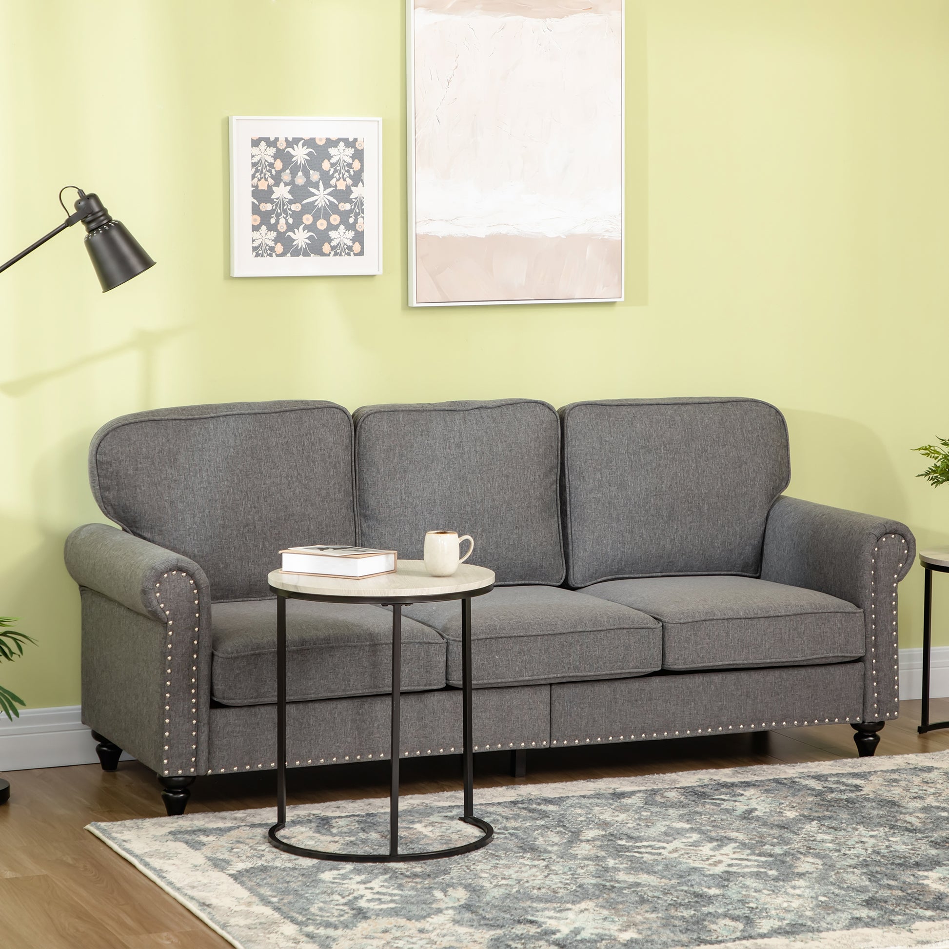 3-Seater Sofa Couch, 81" Grey Linen Fabric with Rubberwood Legs, Modern Design-DECOROLALA