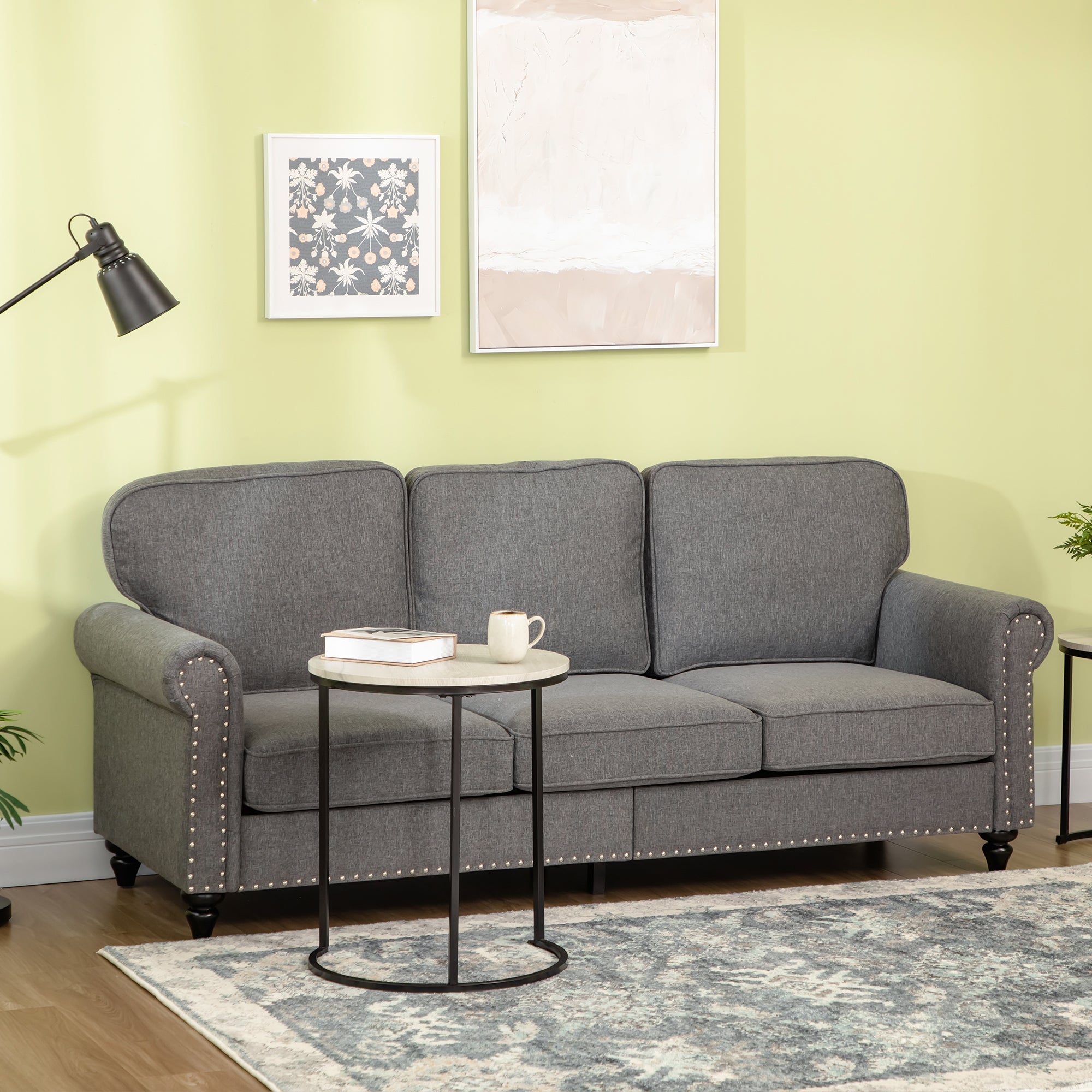3-Seater Sofa Couch, 81" Grey Linen Fabric with Rubberwood Legs, Modern Design-DECOROLALA