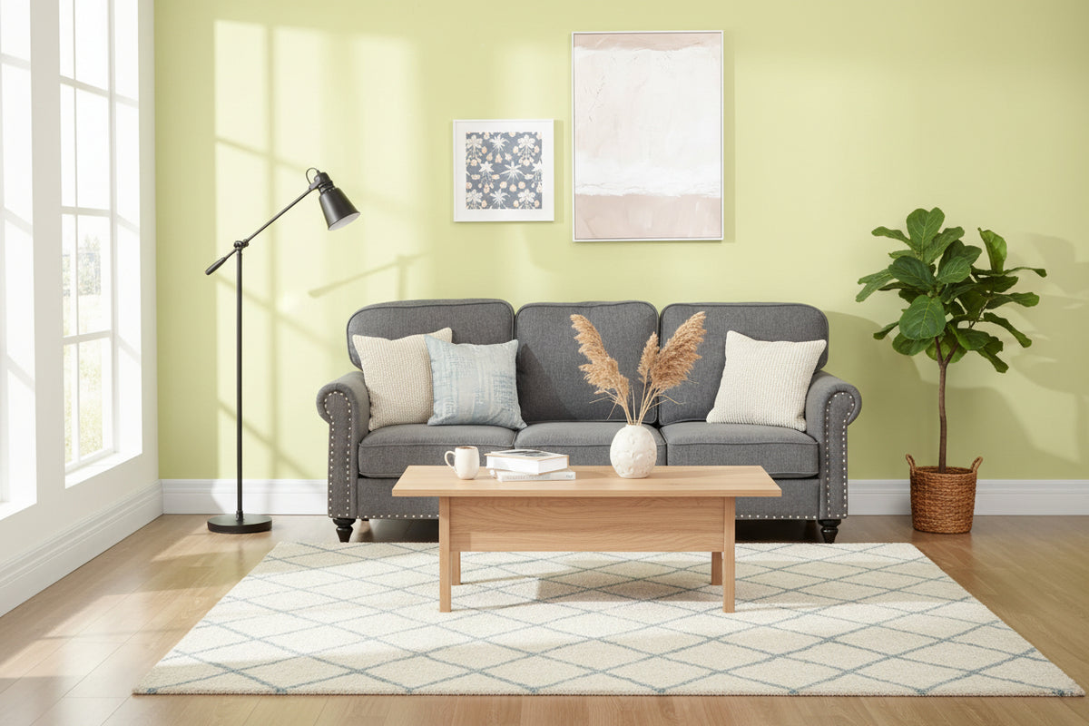 3-Seater Sofa Couch, 81" Grey Linen Fabric with Rubberwood Legs, Modern Design-DECOROLALA