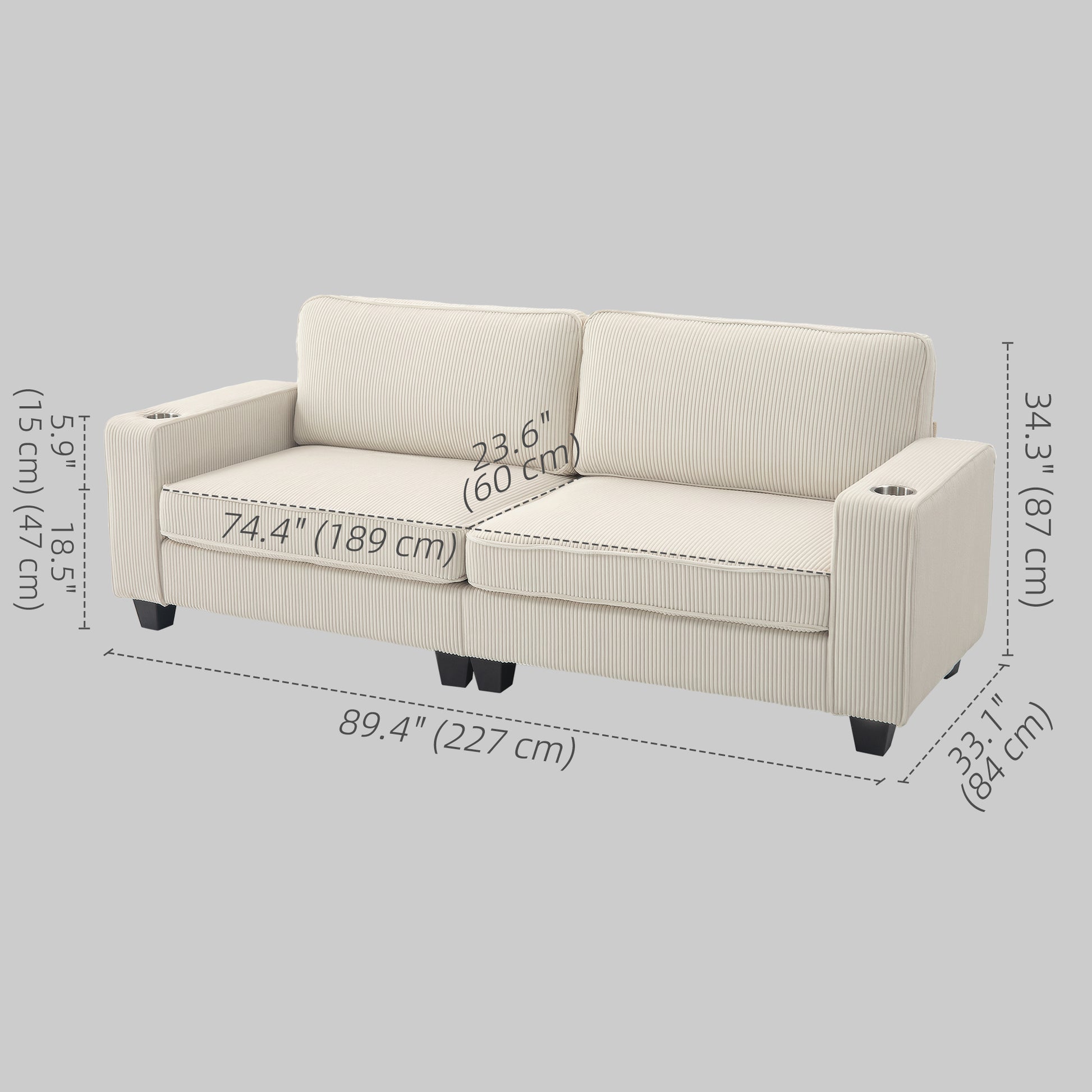 3 Seater Sofa - Cream White Corduroy Couch with Cup Holders-DECOROLALA