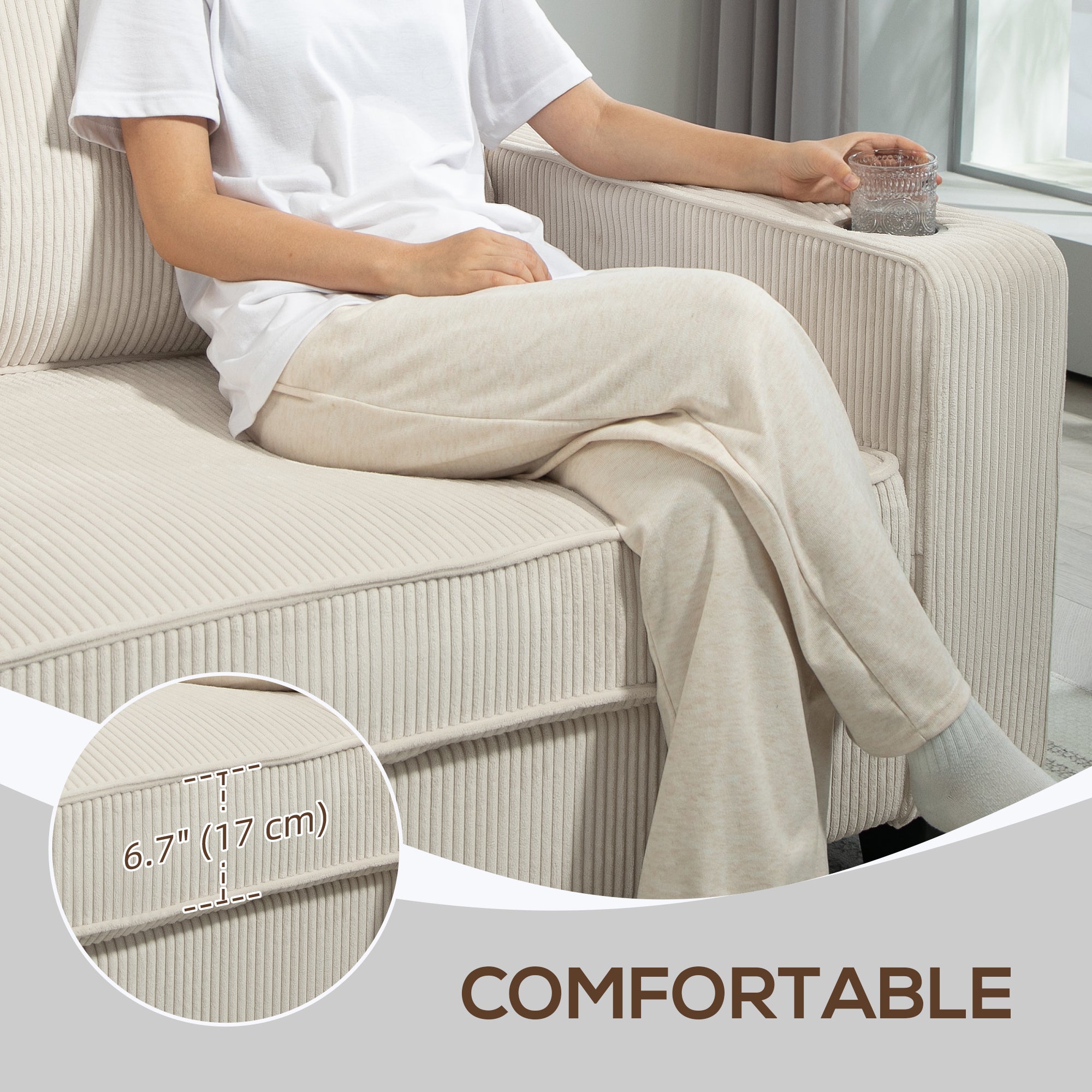 3 Seater Sofa - Cream White Corduroy Couch with Cup Holders-DECOROLALA
