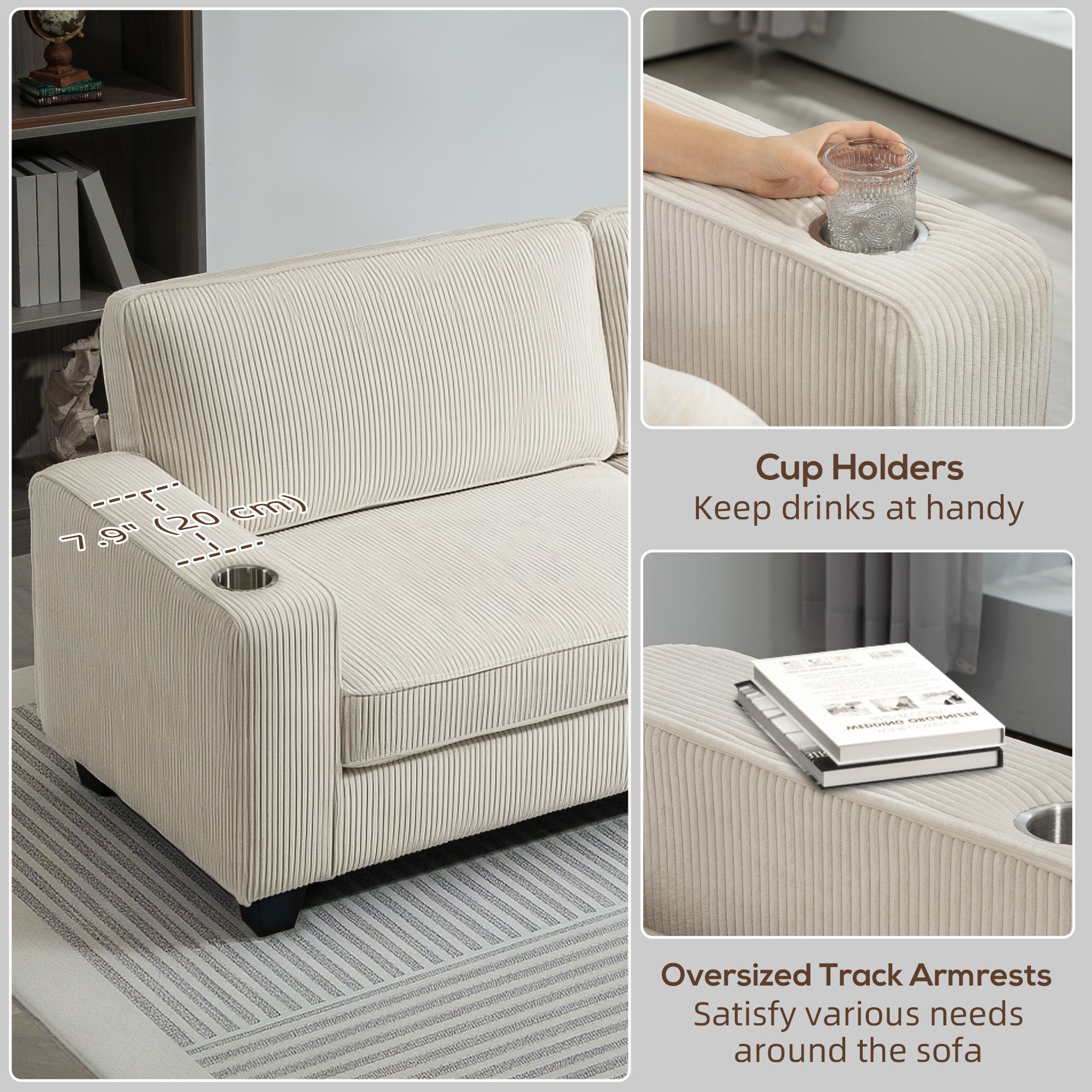 3 Seater Sofa - Cream White Corduroy Couch with Cup Holders-DECOROLALA