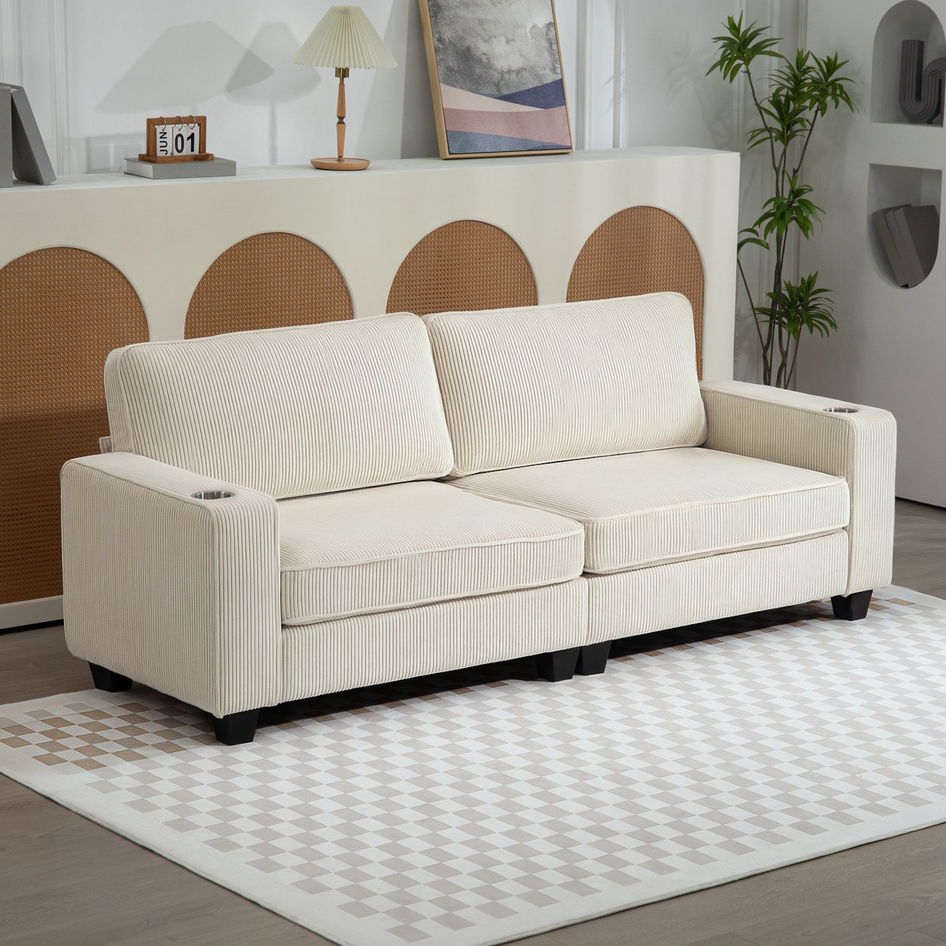 3 Seater Sofa - Cream White Corduroy Couch with Cup Holders-DECOROLALA