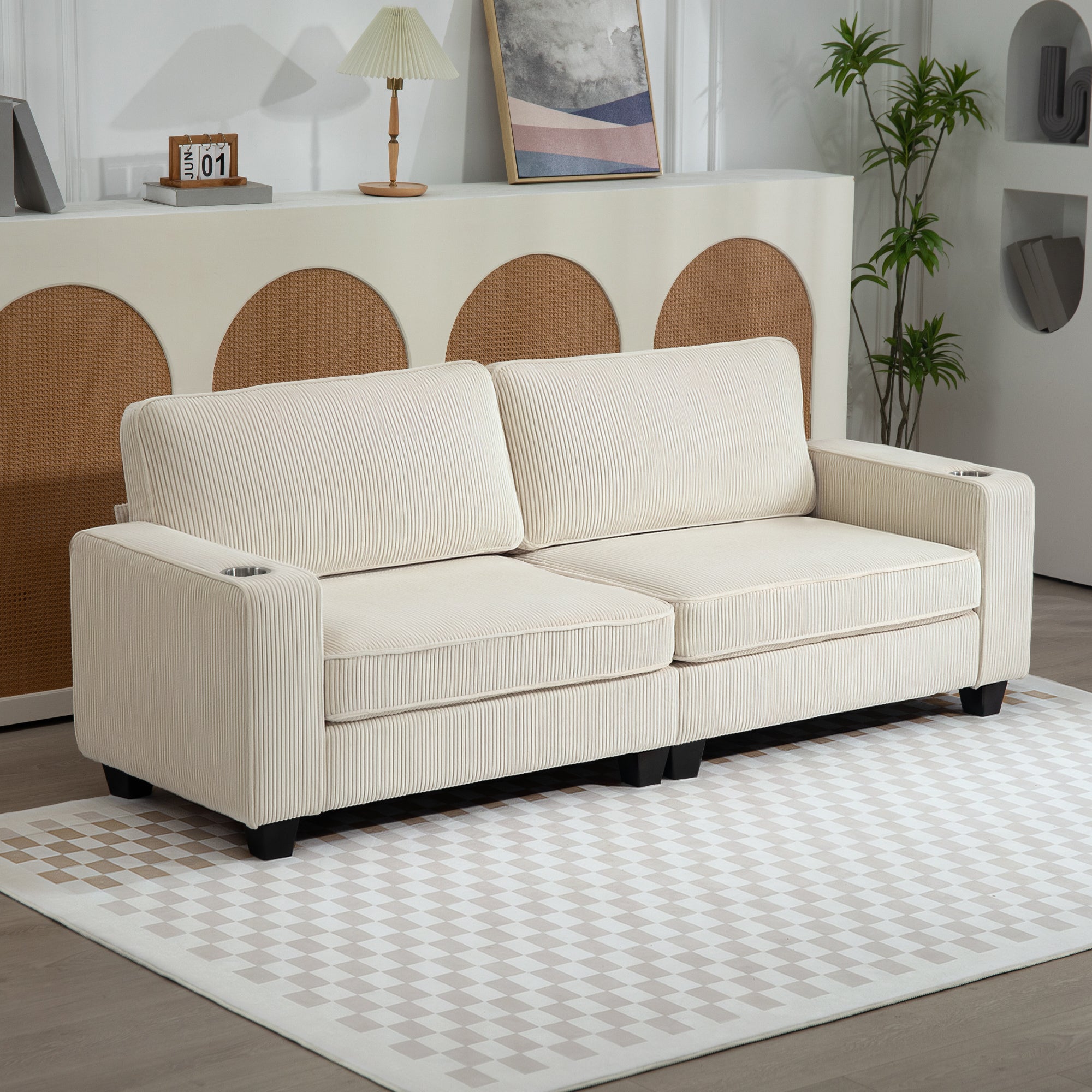 3 Seater Sofa - Cream White Corduroy Couch with Cup Holders-DECOROLALA