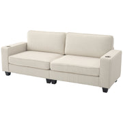3 Seater Sofa - Cream White Corduroy Couch with Cup Holders-DECOROLALA