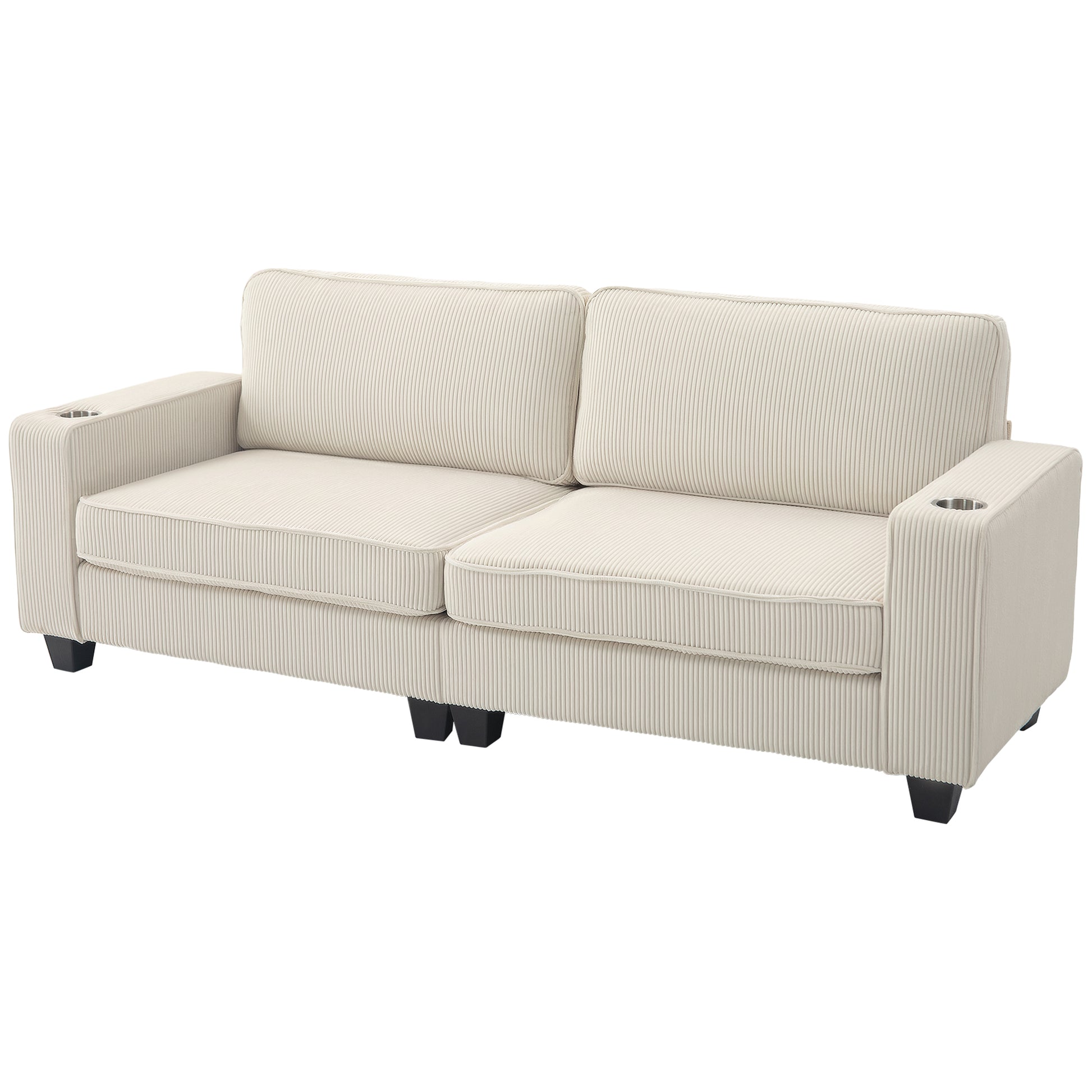 3 Seater Sofa - Cream White Corduroy Couch with Cup Holders-DECOROLALA