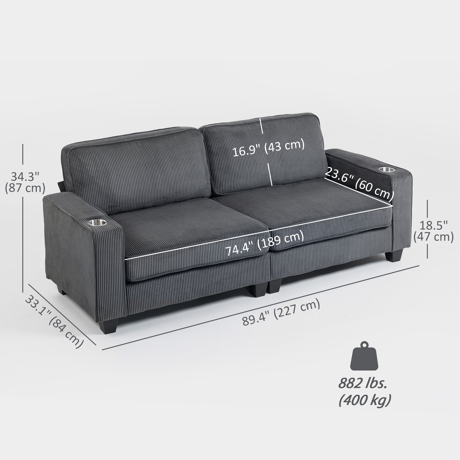 3 Seater Sofa - Dark Grey Corduroy Cup Holders-DECOROLALA