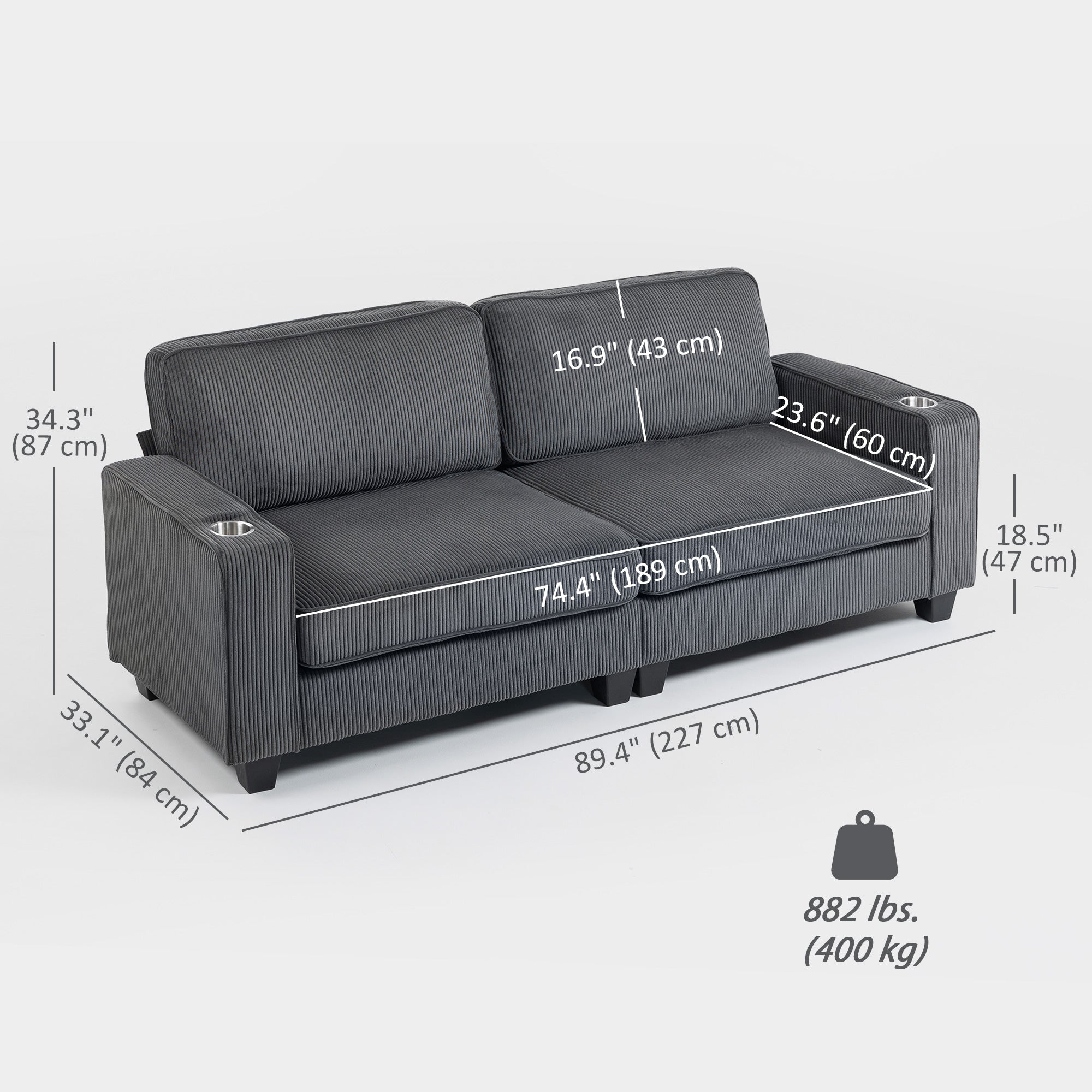 3 Seater Sofa - Dark Grey Corduroy Cup Holders-DECOROLALA