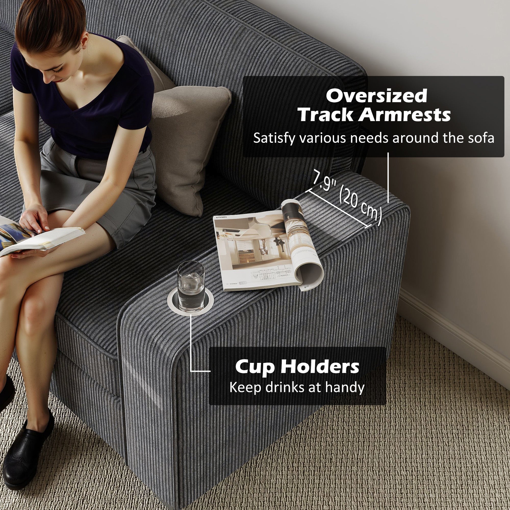 3 Seater Sofa - Dark Grey Corduroy Cup Holders-DECOROLALA