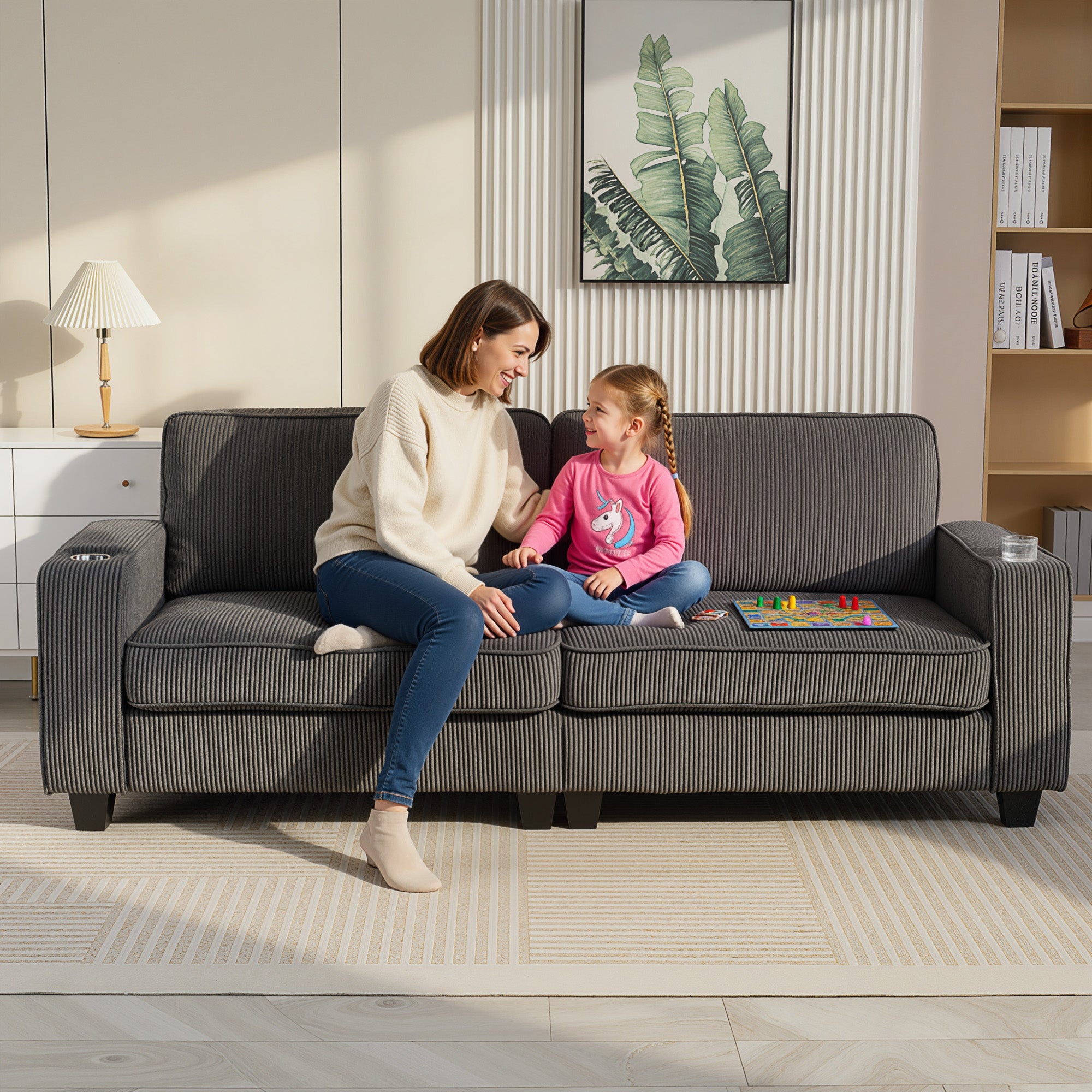3 Seater Sofa - Dark Grey Corduroy Cup Holders-DECOROLALA