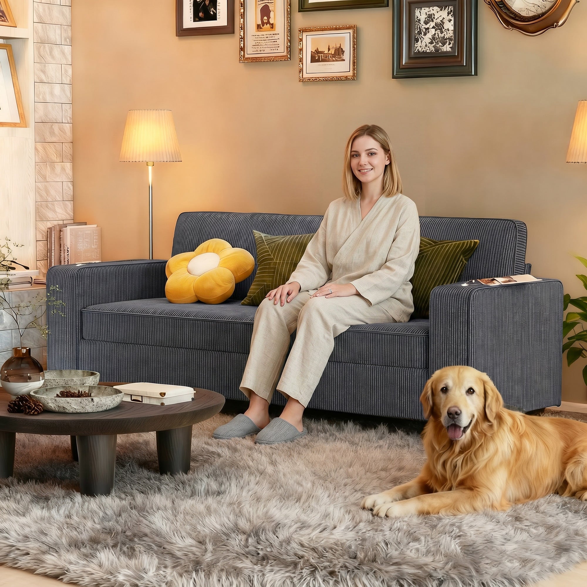 3 Seater Sofa - Dark Grey Corduroy Cup Holders-DECOROLALA