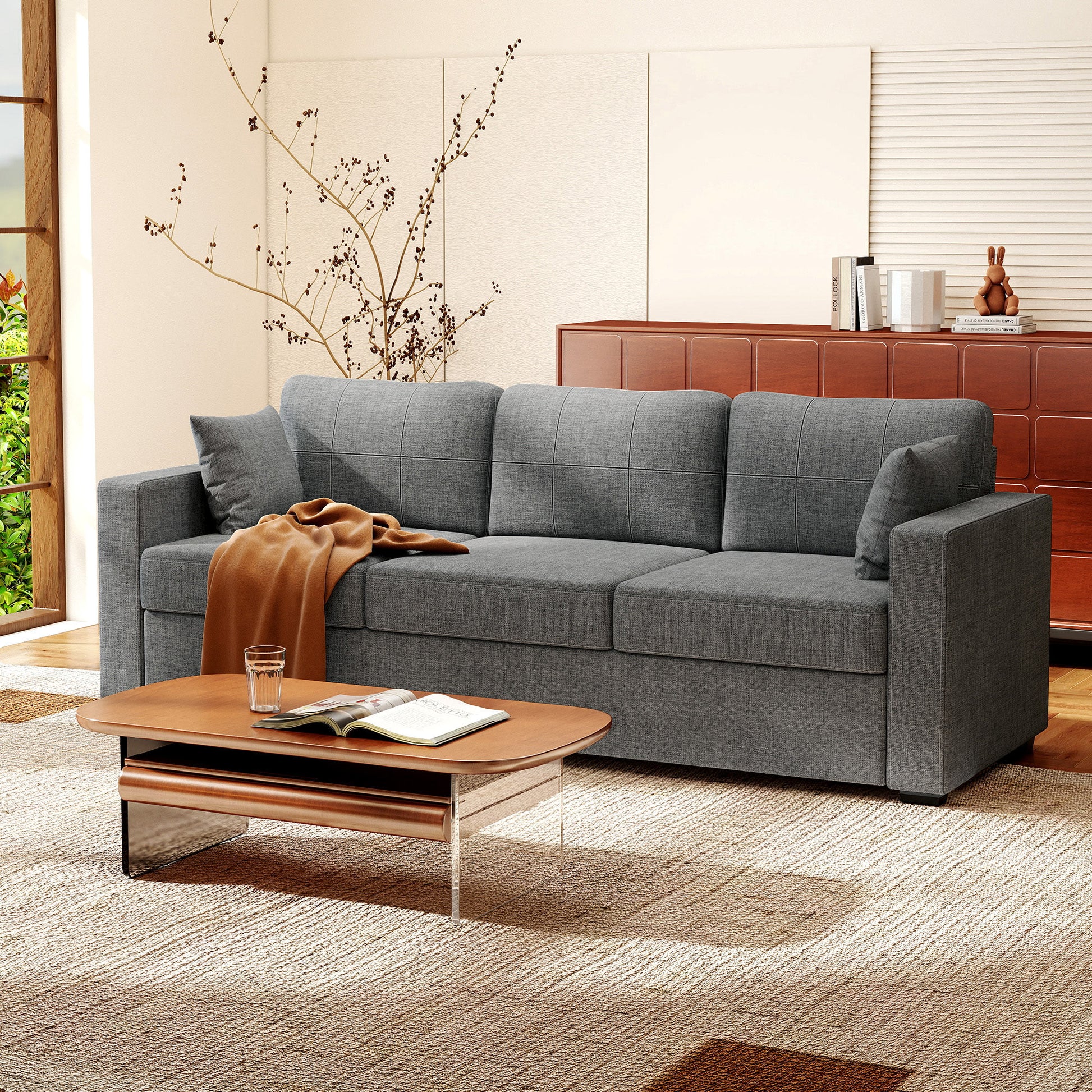 3 Seater Sofa - Dark Grey Linen Upholstered-DECOROLALA