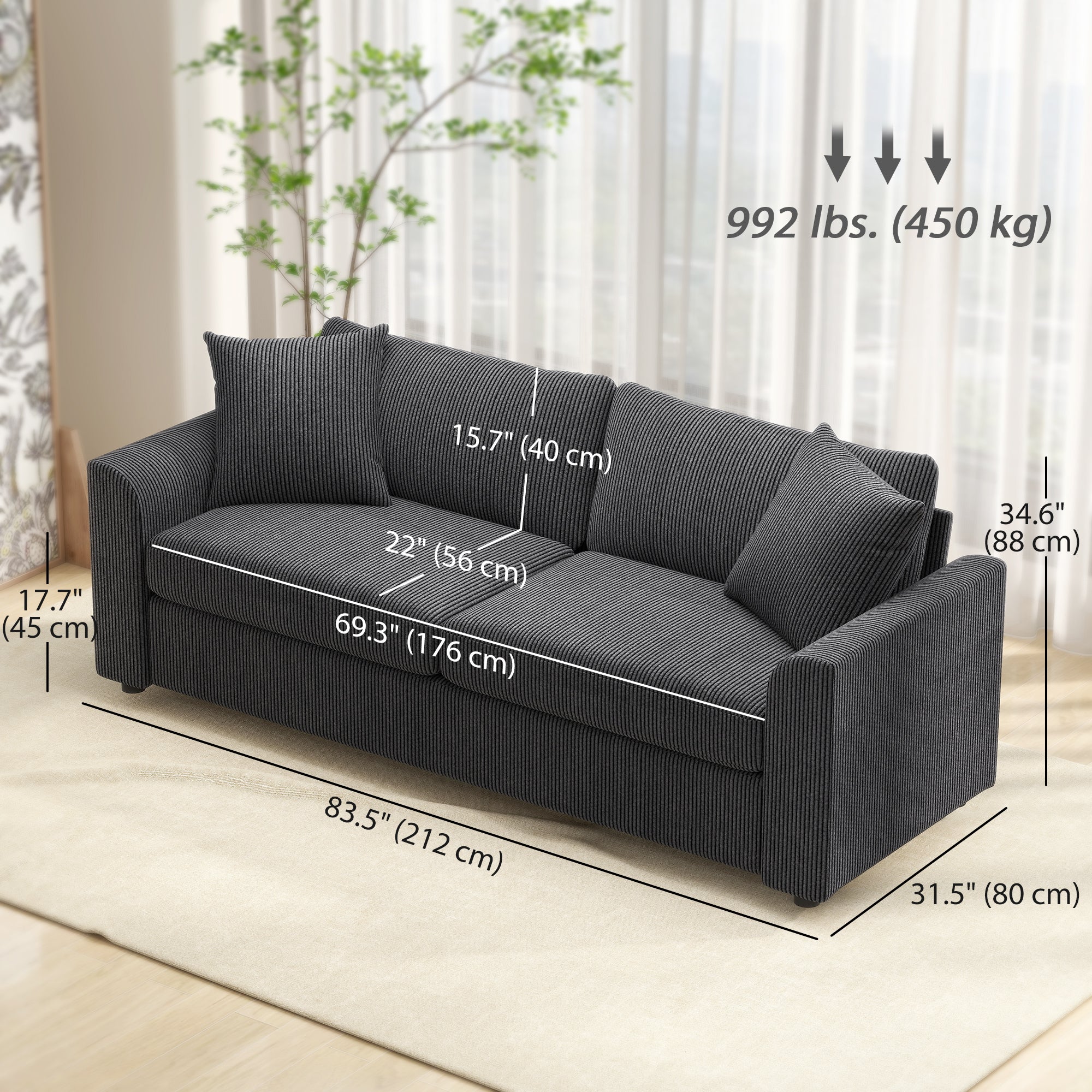 3 Seater Sofa - Dark Grey Modern Couch with Spring, 2 Cushions, 83.5"-DECOROLALA