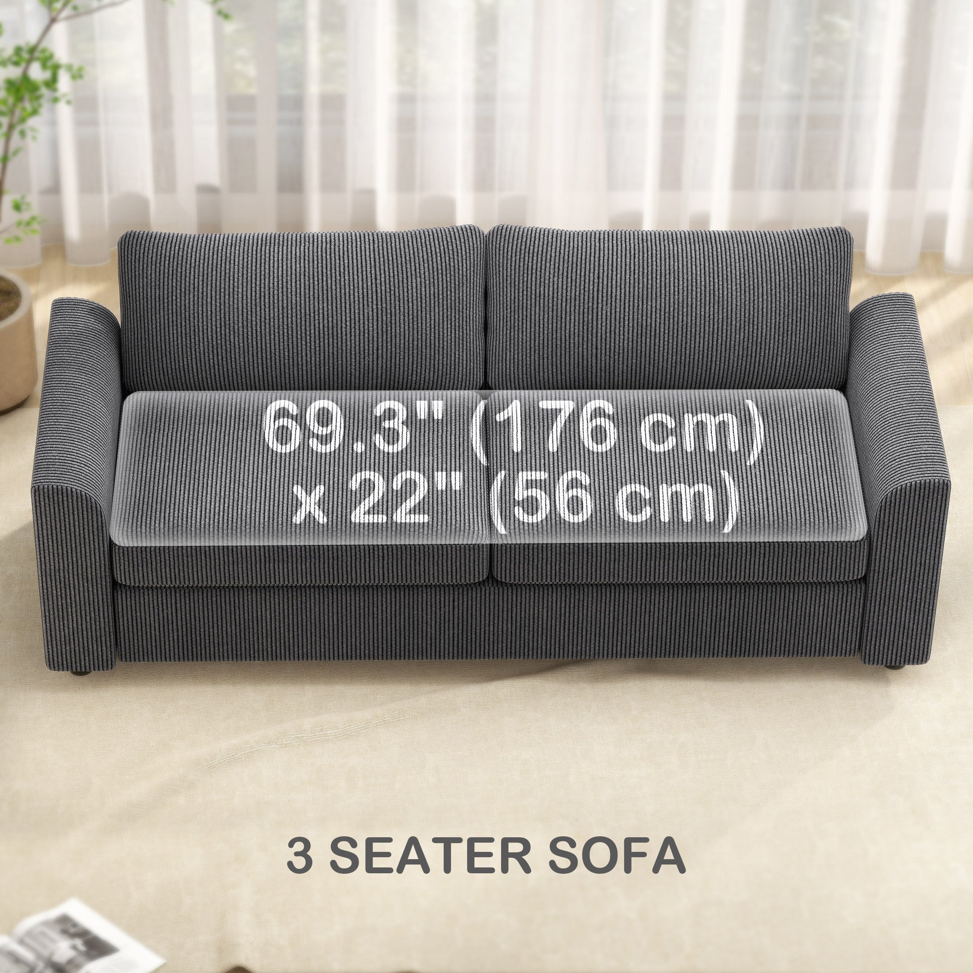 3 Seater Sofa - Dark Grey Modern Couch with Spring, 2 Cushions, 83.5"-DECOROLALA