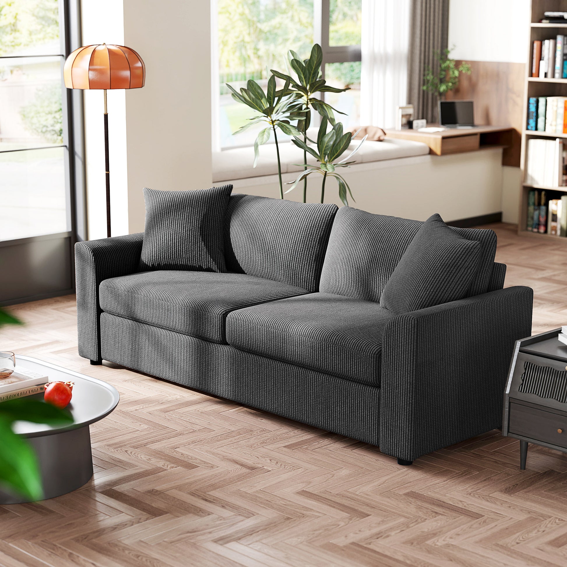 3 Seater Sofa - Dark Grey Modern Couch with Spring, 2 Cushions, 83.5"-DECOROLALA