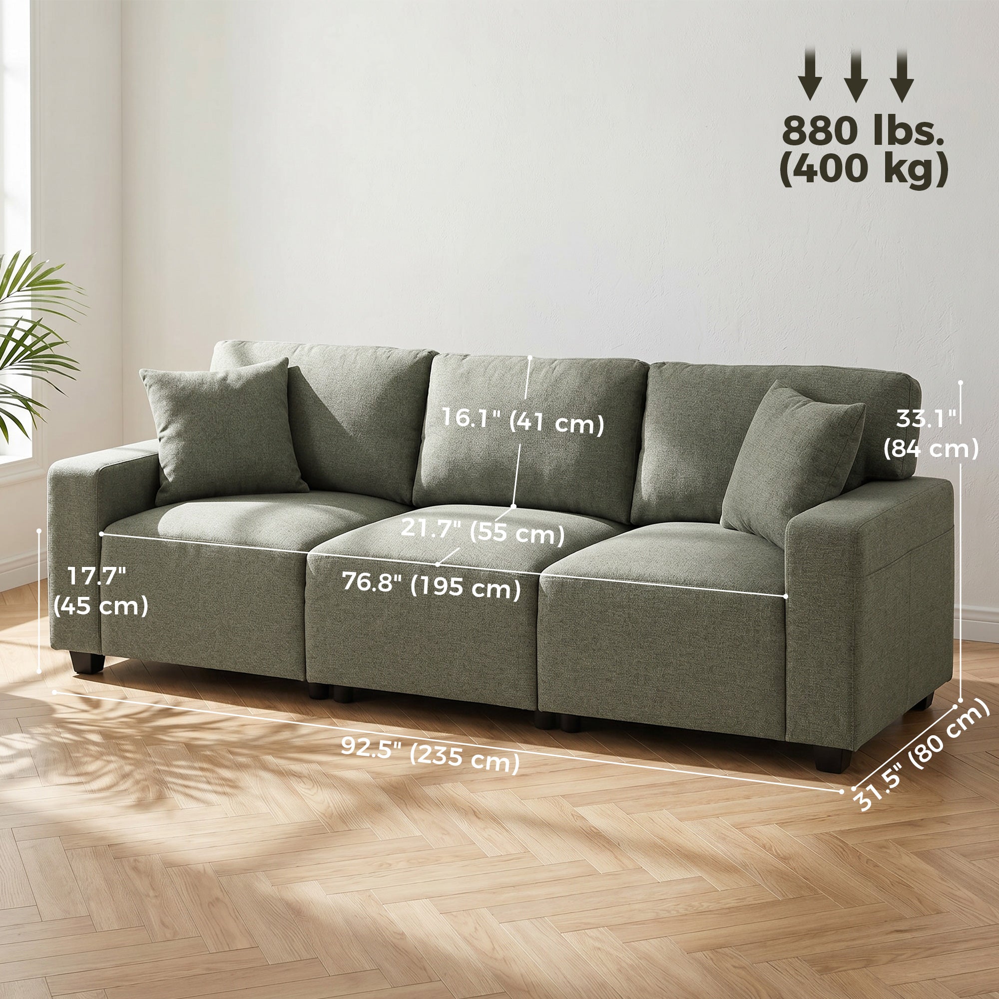 3 Seater Sofa - Green 92.5" Modern Upholstered Couch-Home Furnishings > Living Room Furniture > Sofas & Reclining Chairs > 3-Seater Sofas-DECOROLALA