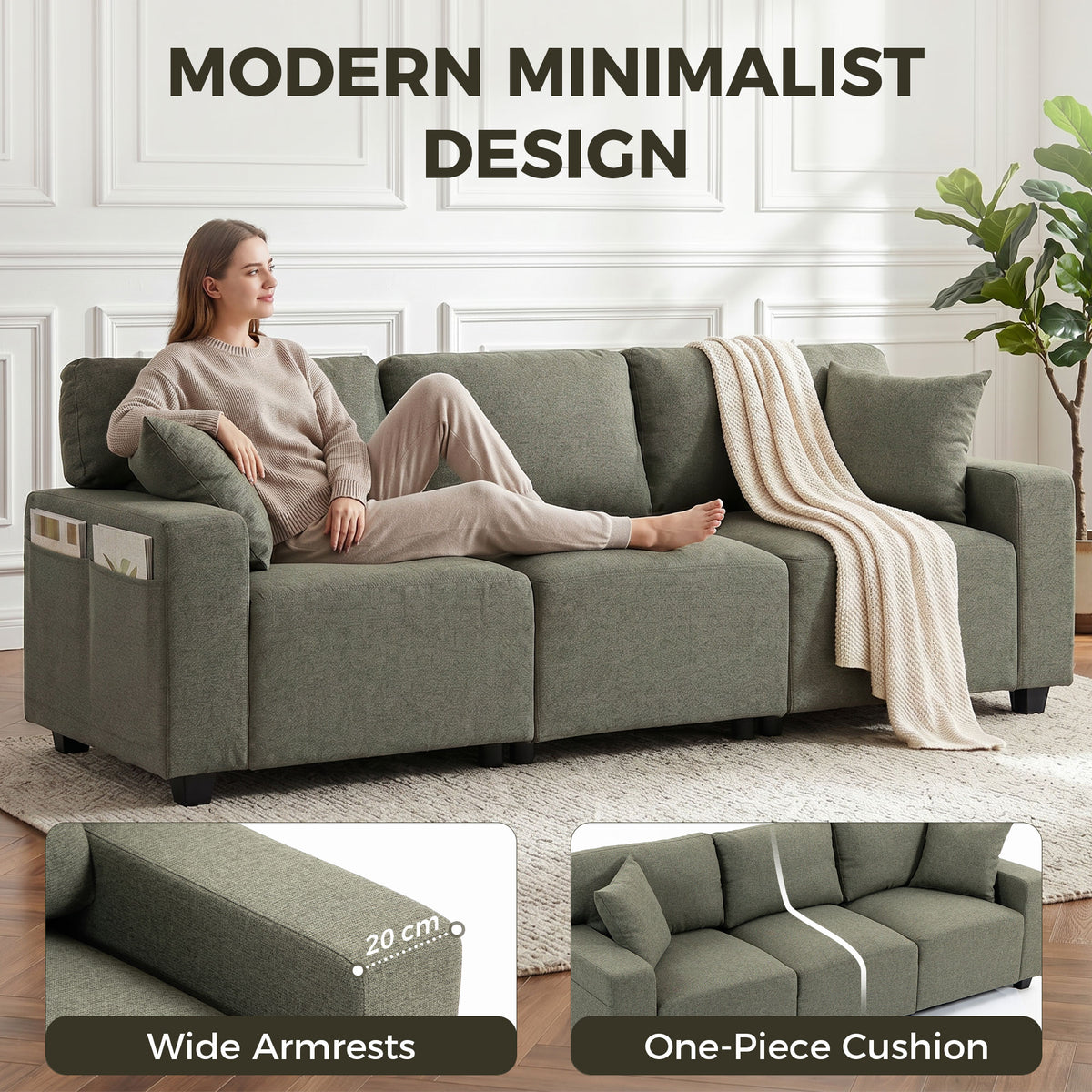3 Seater Sofa - Green 92.5" Modern Upholstered Couch-Home Furnishings > Living Room Furniture > Sofas & Reclining Chairs > 3-Seater Sofas-DECOROLALA