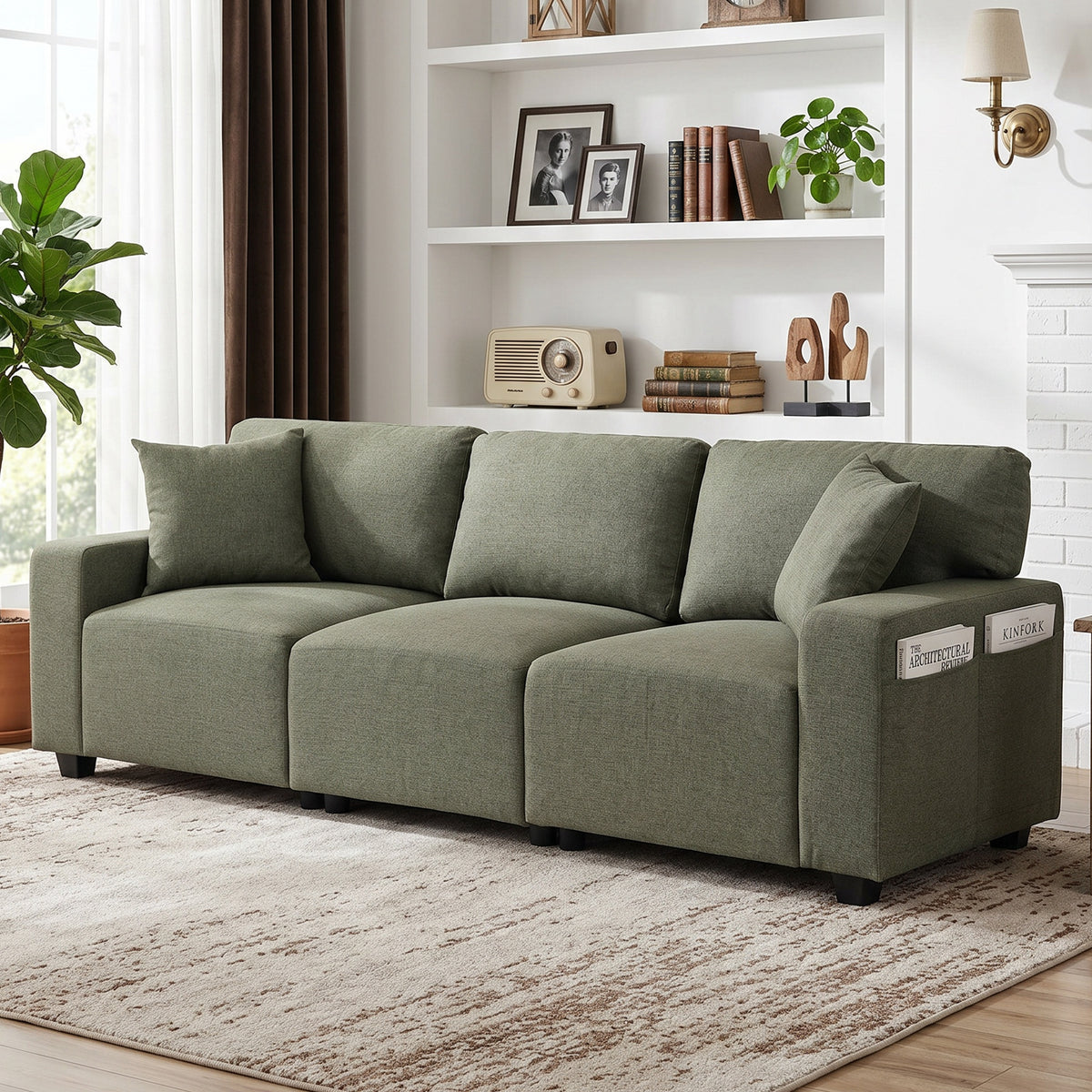 3 Seater Sofa - Green 92.5" Modern Upholstered Couch-Home Furnishings > Living Room Furniture > Sofas & Reclining Chairs > 3-Seater Sofas-DECOROLALA