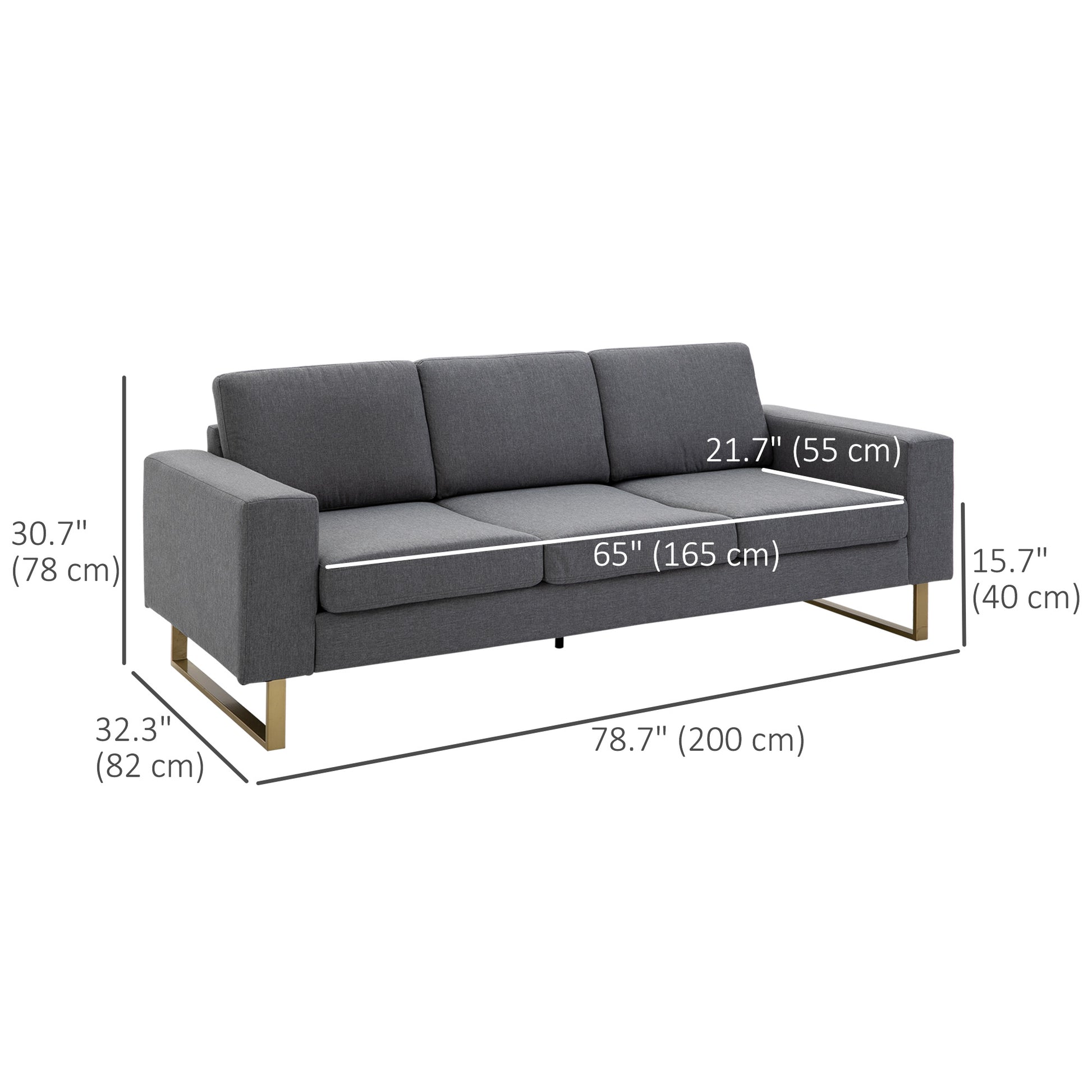 3 Seater Sofa - Linen Grey Cozy Padded Couch with Steel Legs, Dark Grey-DECOROLALA