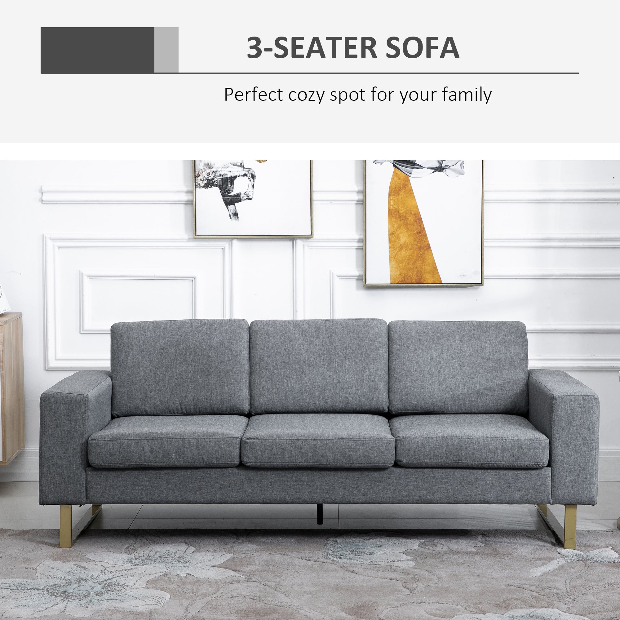 3 Seater Sofa - Linen Grey Cozy Padded Couch with Steel Legs, Dark Grey-DECOROLALA