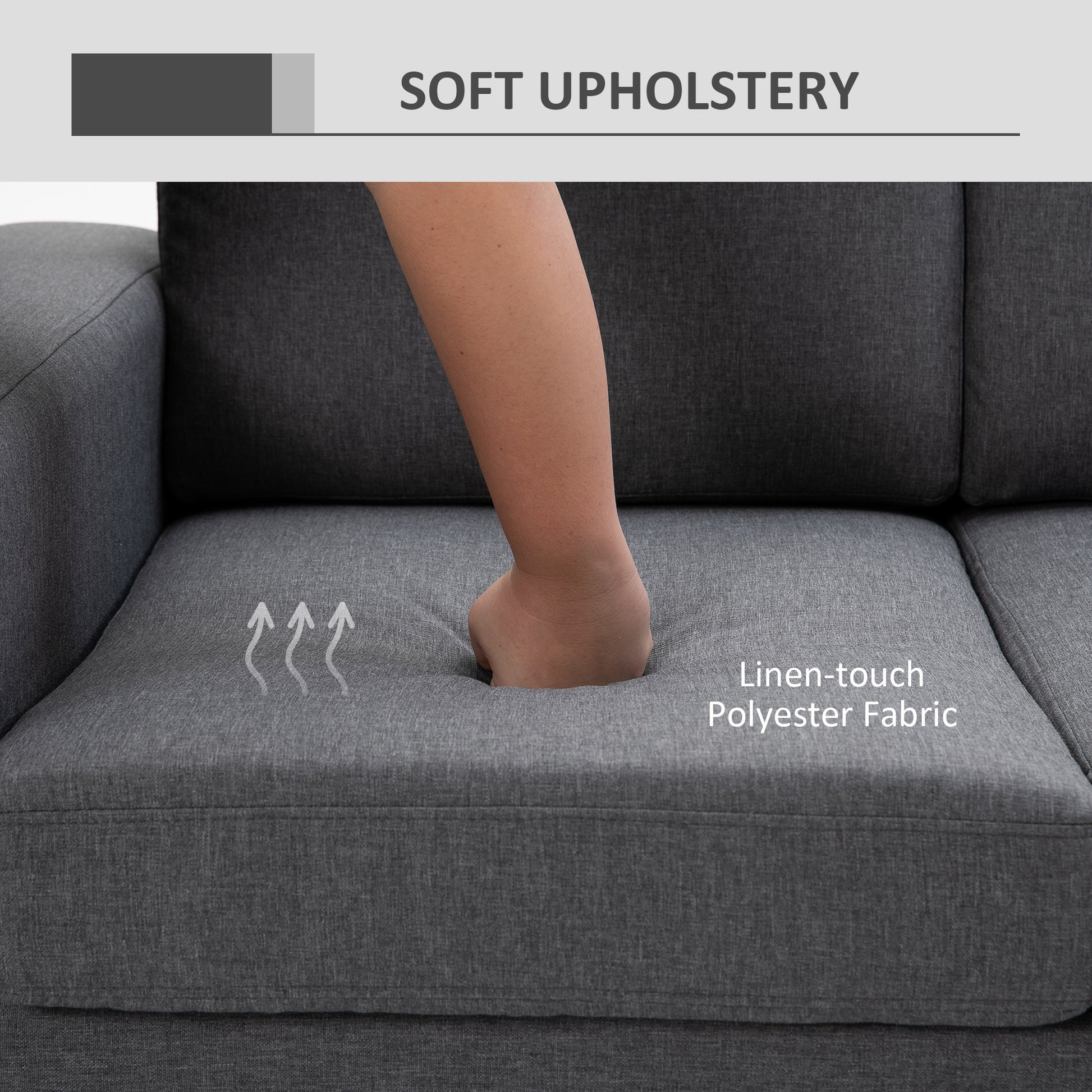 3 Seater Sofa - Linen Grey Cozy Padded Couch with Steel Legs, Dark Grey-DECOROLALA