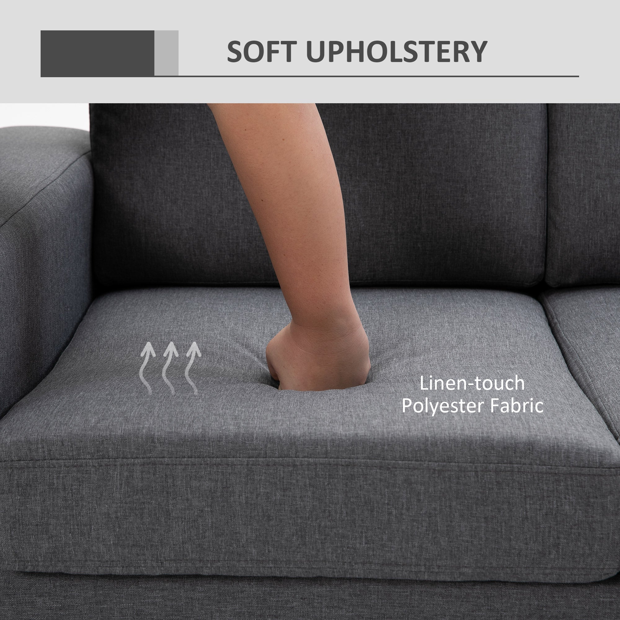 3 Seater Sofa - Linen Grey Cozy Padded Couch with Steel Legs, Dark Grey-DECOROLALA