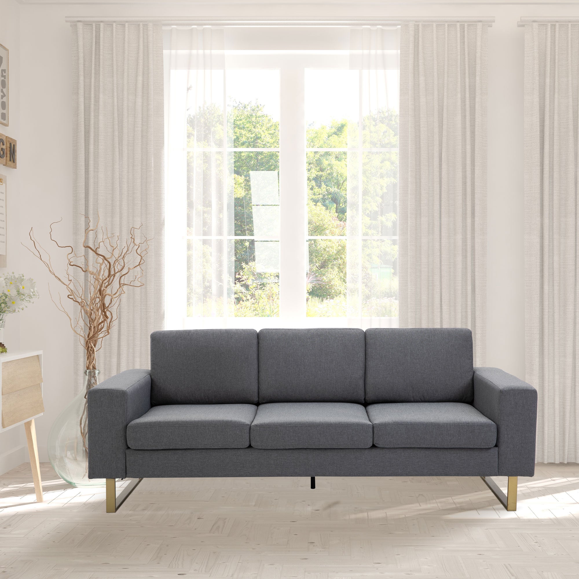 3 Seater Sofa - Linen Grey Cozy Padded Couch with Steel Legs, Dark Grey-DECOROLALA