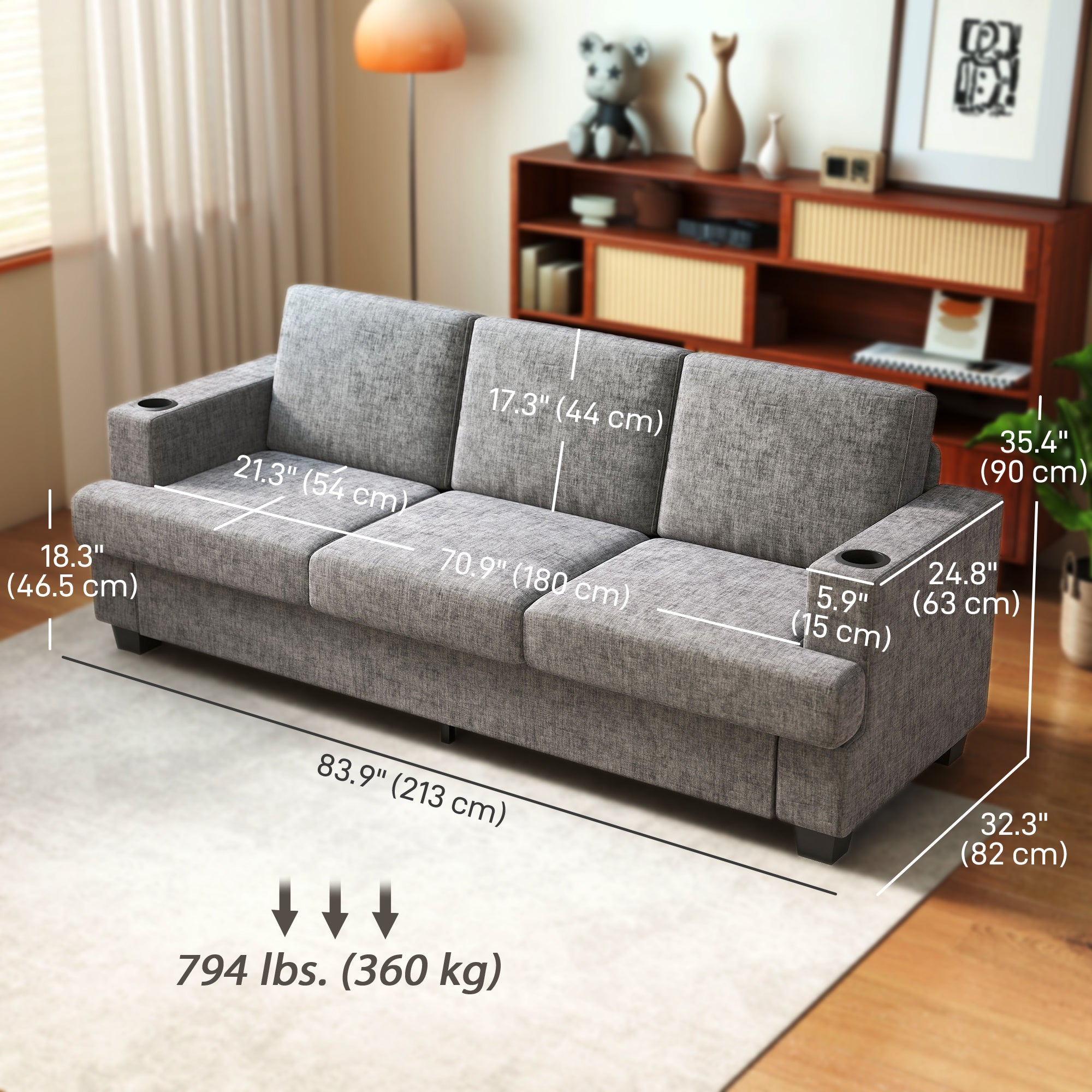 3 Seater Sofa USB Ports Cup Holders Chenille Grey-DECOROLALA