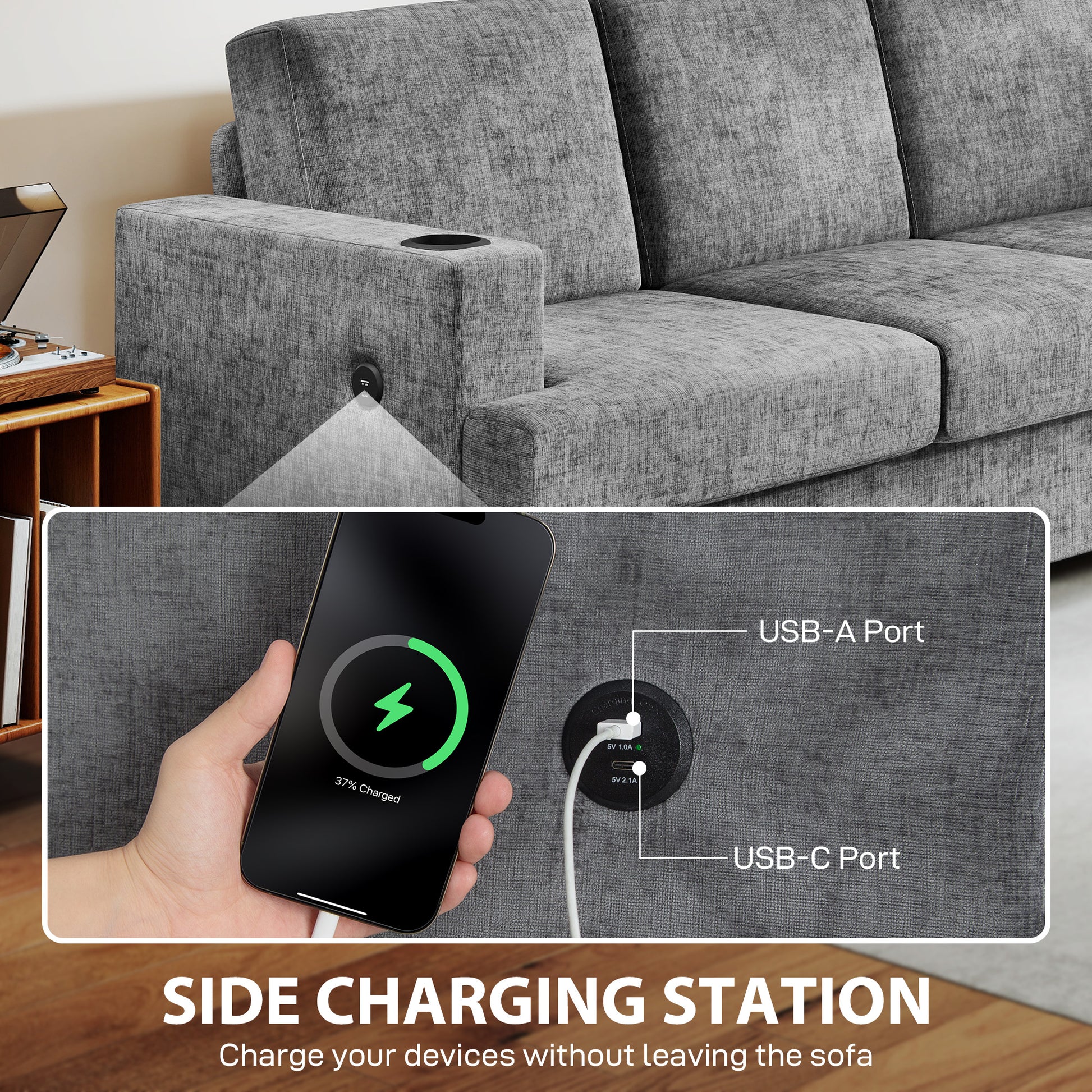 3 Seater Sofa USB Ports Cup Holders Chenille Grey-DECOROLALA