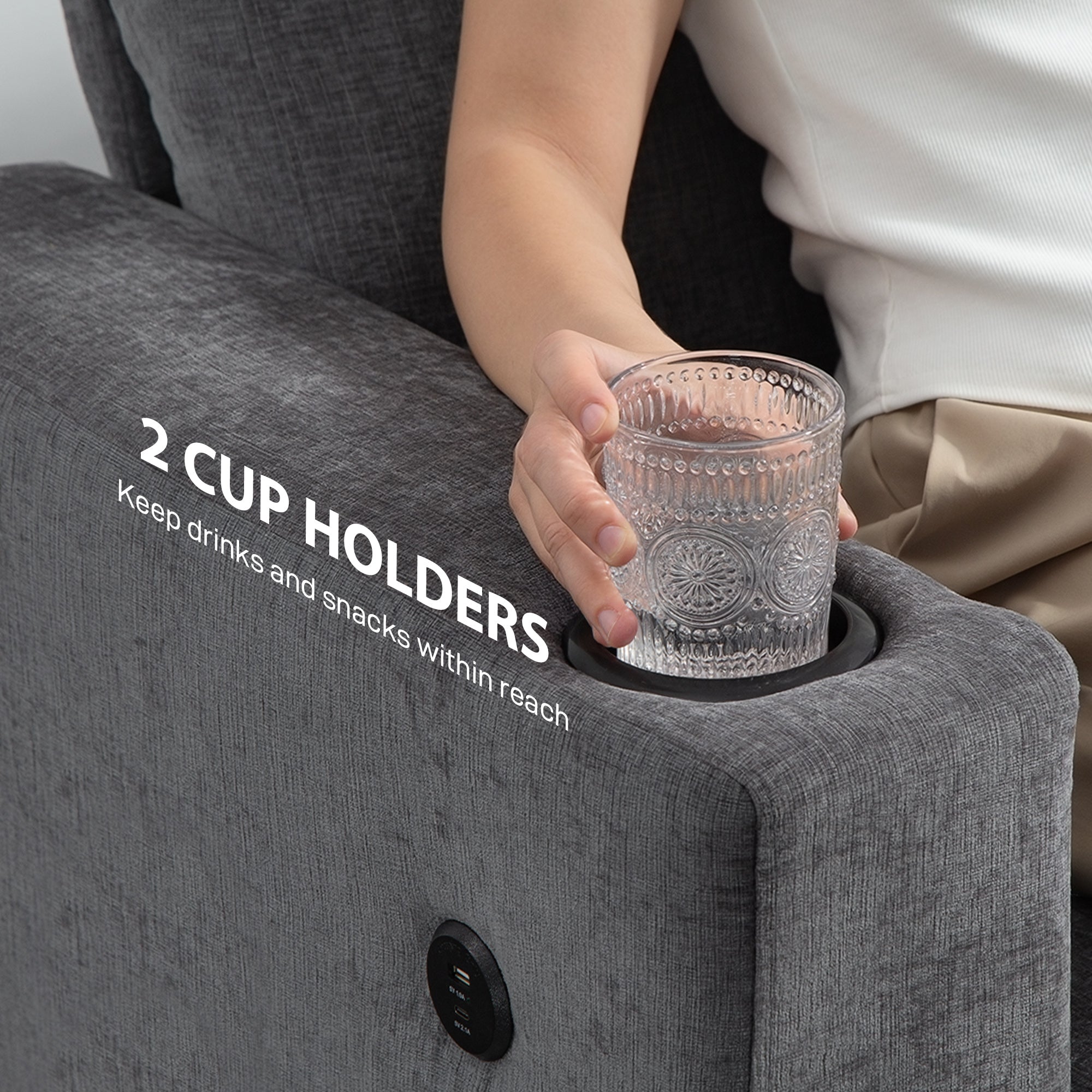 3 Seater Sofa USB Ports Cup Holders Chenille Grey-DECOROLALA