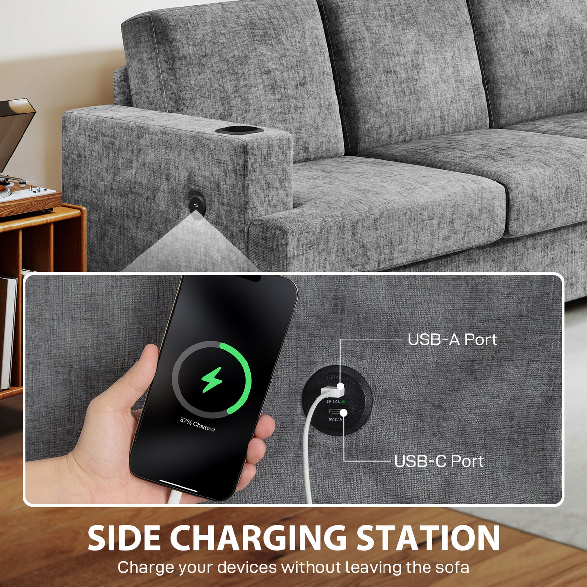 3 Seater Sofa USB Ports Cup Holders Chenille Grey-DECOROLALA