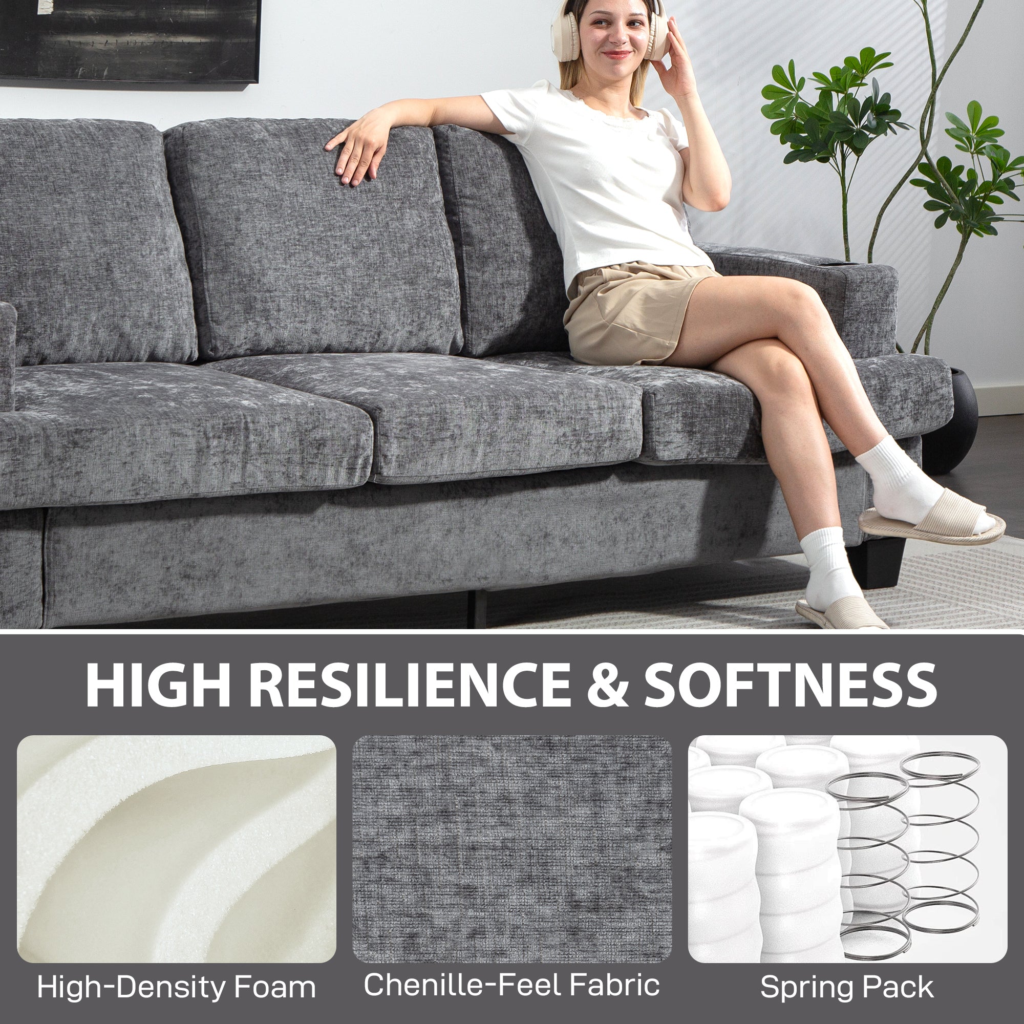 3 Seater Sofa USB Ports Cup Holders Chenille Grey-DECOROLALA