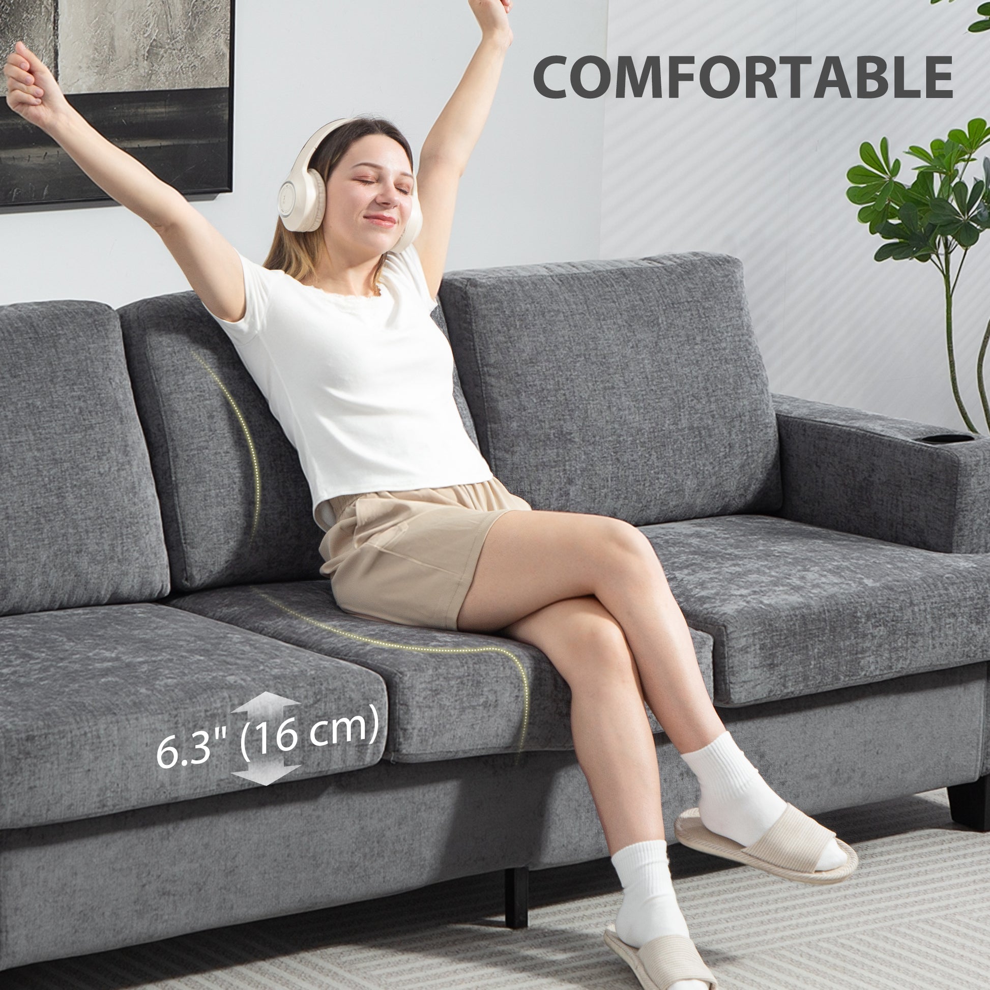 3 Seater Sofa USB Ports Cup Holders Chenille Grey-DECOROLALA