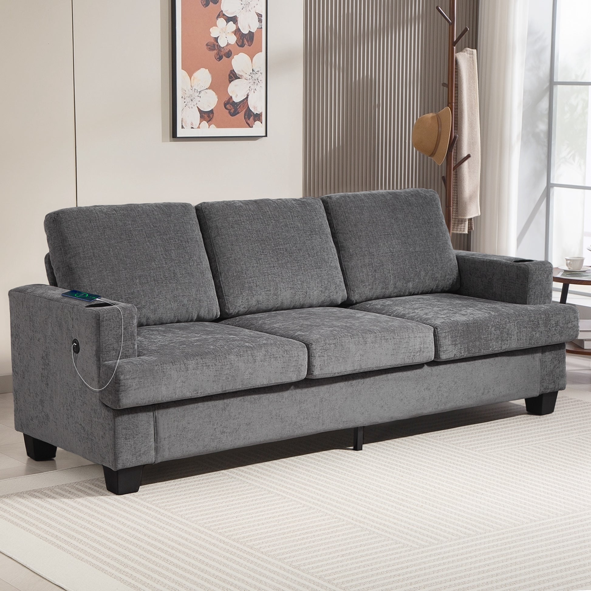 3 Seater Sofa USB Ports Cup Holders Chenille Grey-DECOROLALA