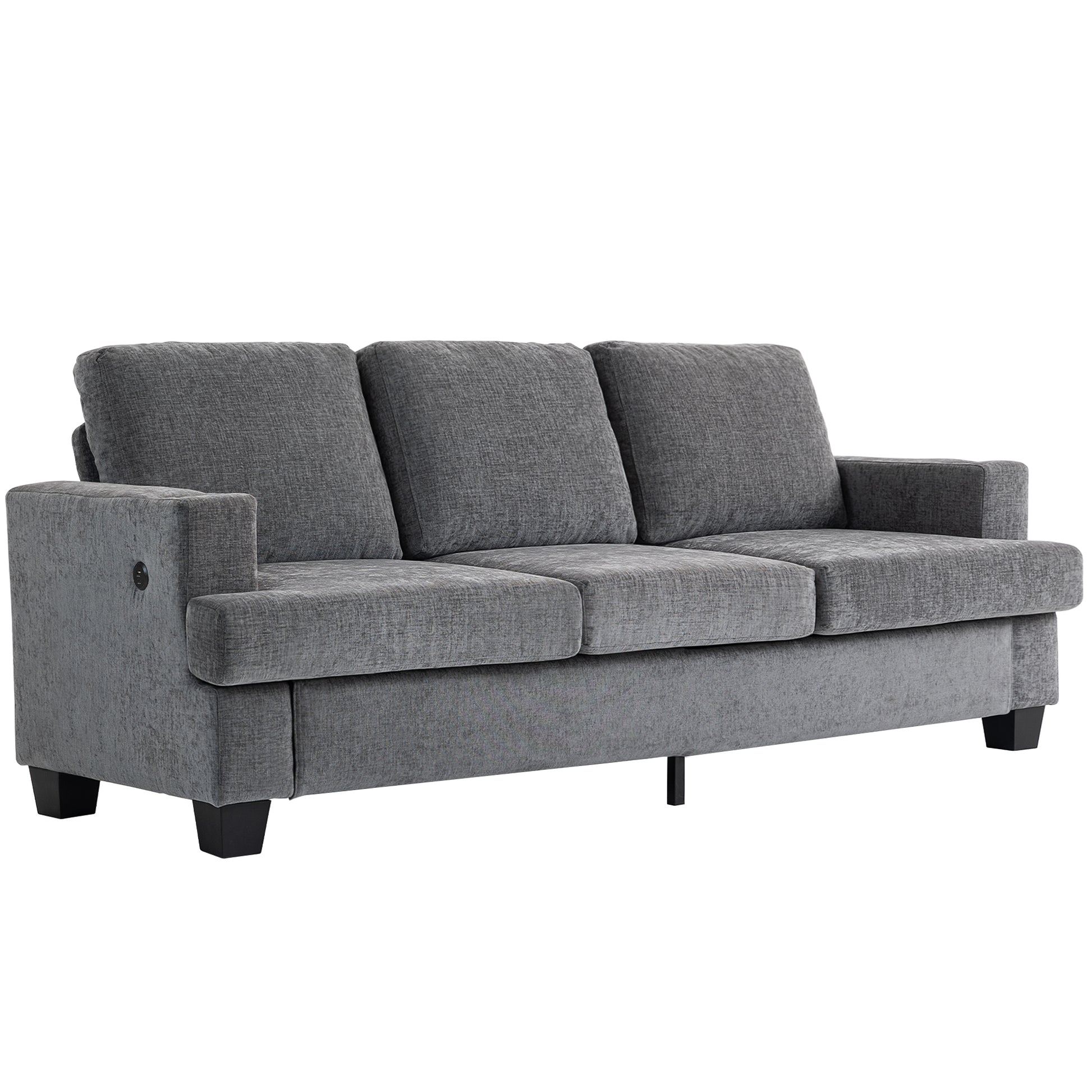 3 Seater Sofa USB Ports Cup Holders Chenille Grey-DECOROLALA