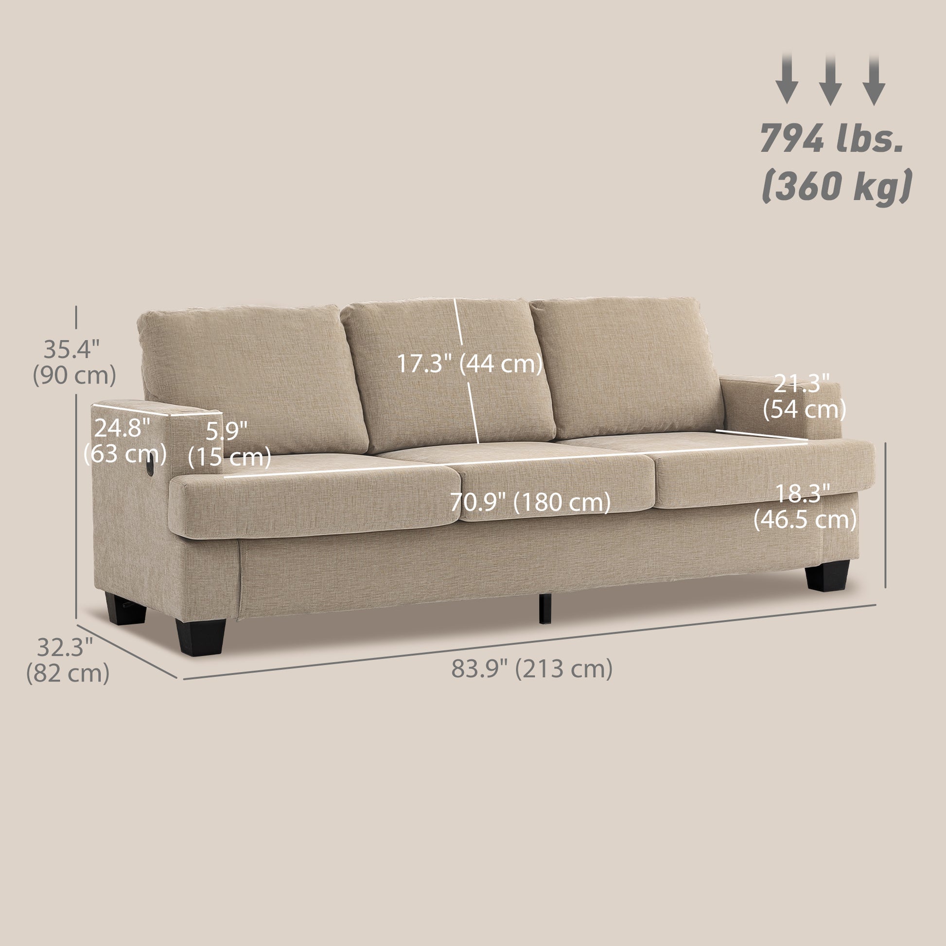 3 Seater Sofa USB Ports Cup Holders Chenille Light Brown-DECOROLALA