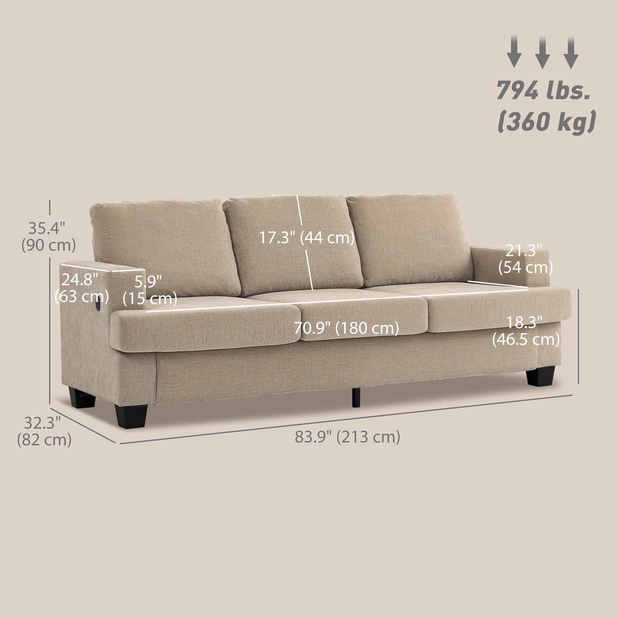 3 Seater Sofa USB Ports Cup Holders Chenille Light Brown-DECOROLALA