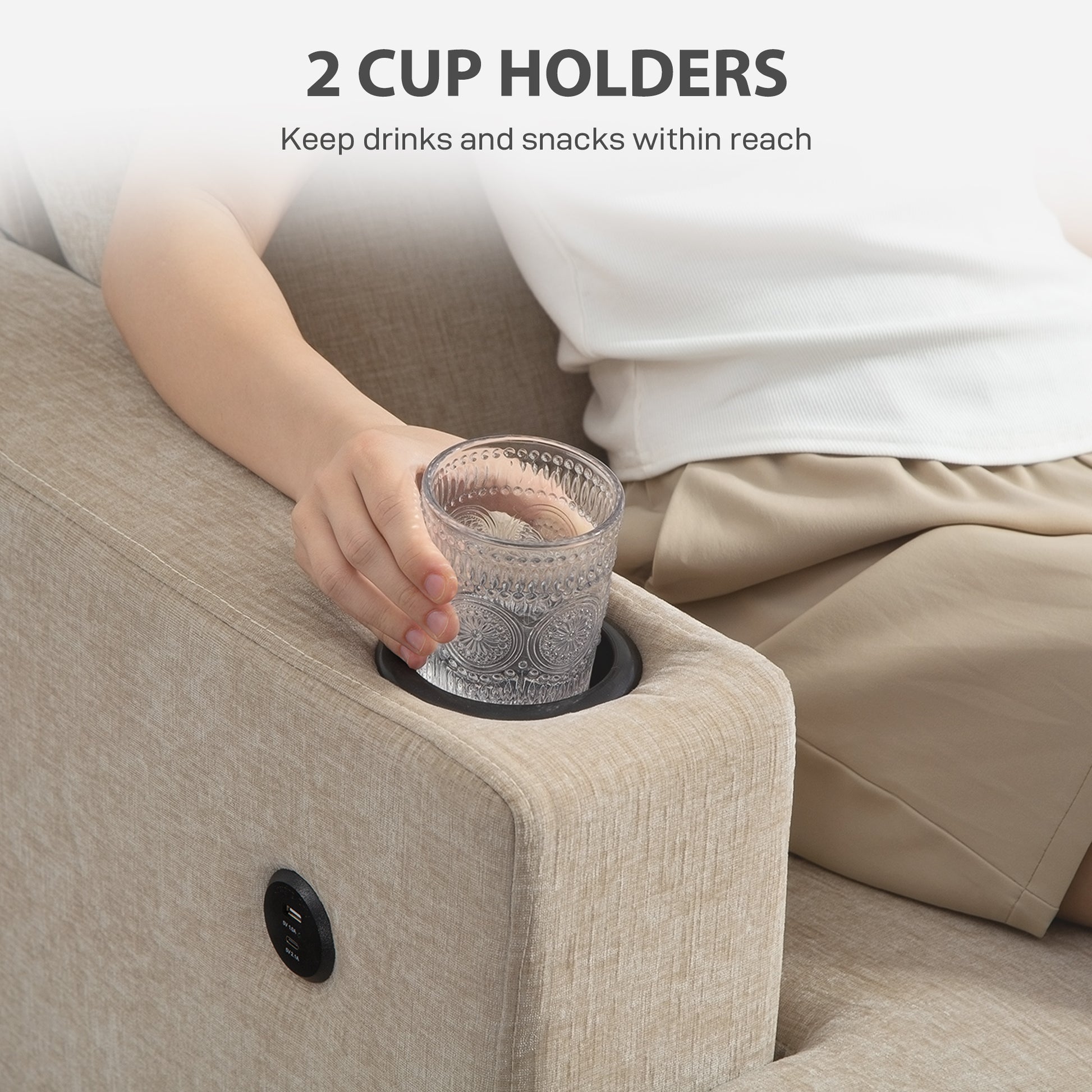 3 Seater Sofa USB Ports Cup Holders Chenille Light Brown-DECOROLALA