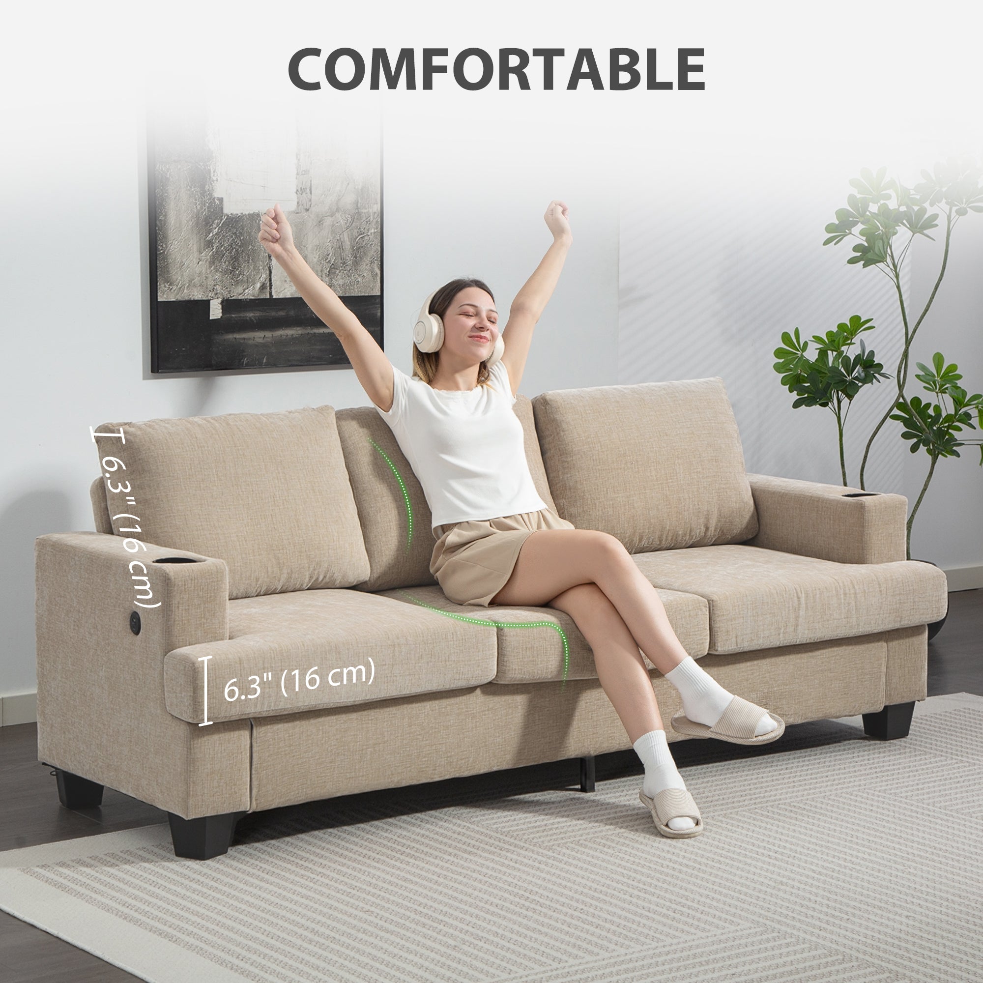 3 Seater Sofa USB Ports Cup Holders Chenille Light Brown-DECOROLALA