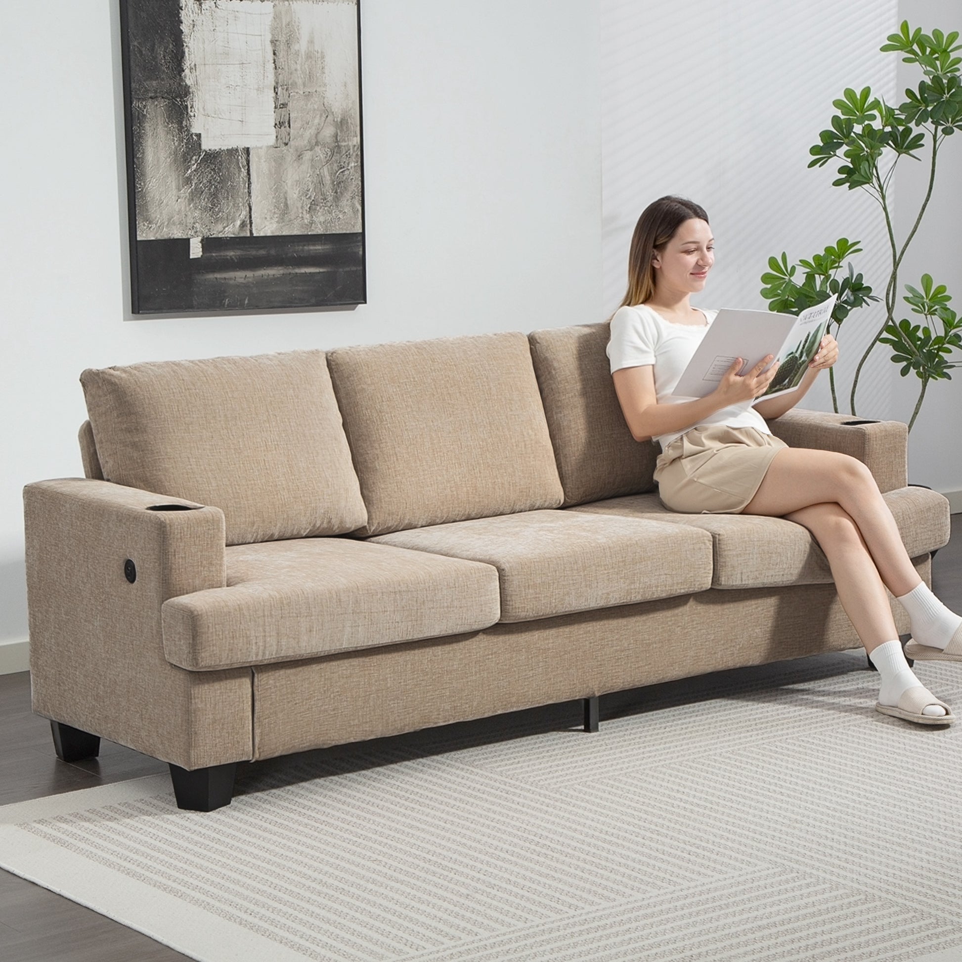 3 Seater Sofa USB Ports Cup Holders Chenille Light Brown-DECOROLALA